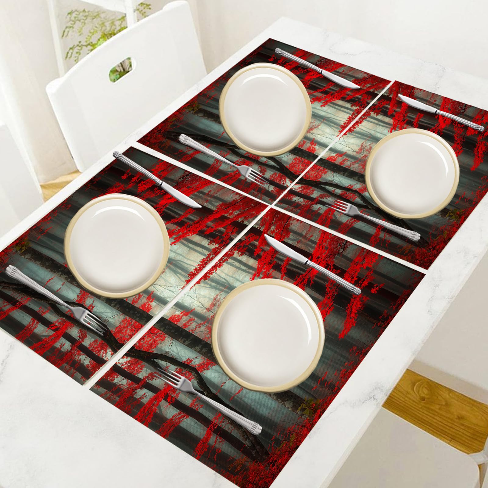 Set di 8 Tovagliette Americane Lavabili Cotone Lino Paesaggio - Tovaglietta Americana Resistenti al Calore Durevole Foglie rosse della foresta - per Colazione Pranzo 30×45 cm