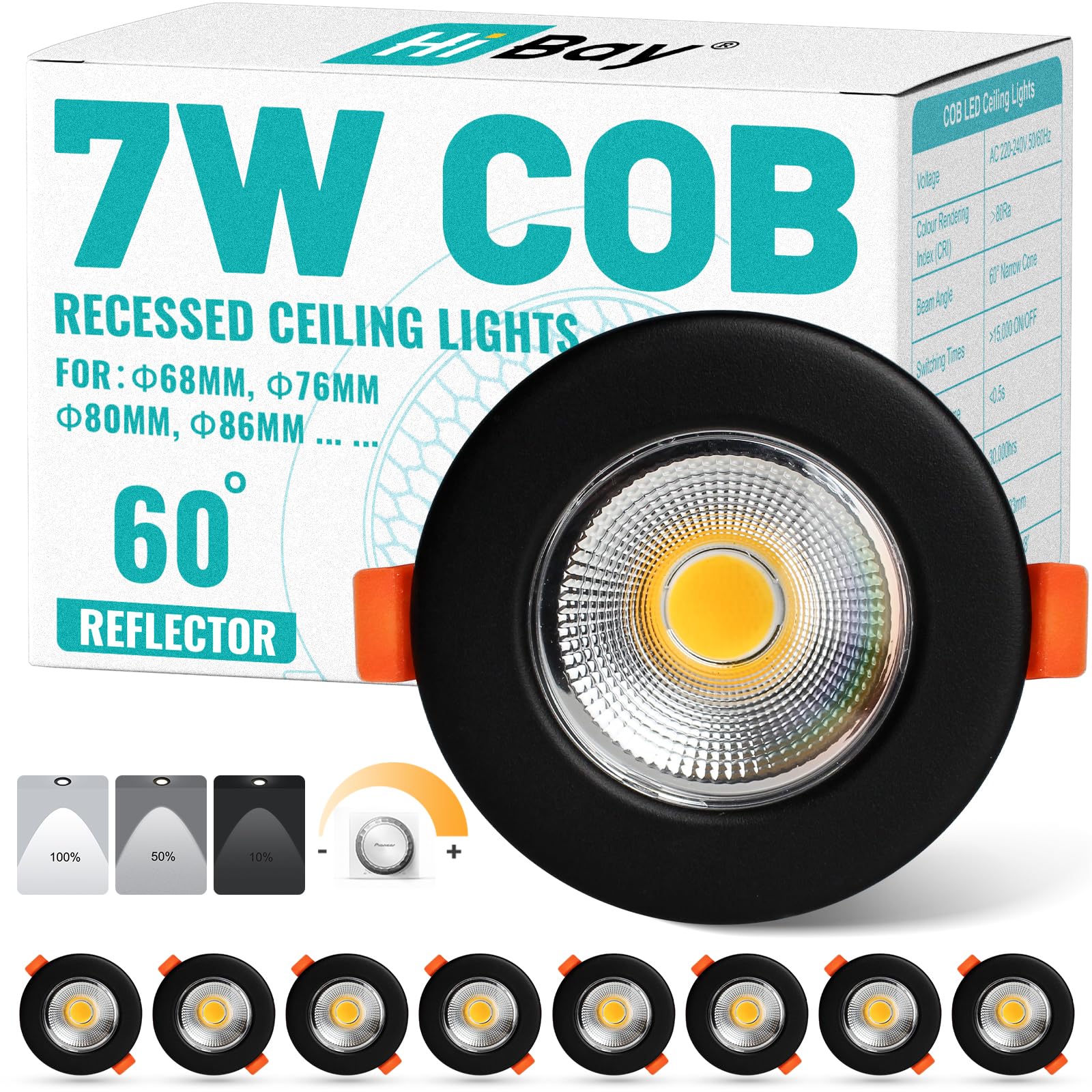 HiBay 8X Down Lights Indoor Ceiling 7W Ultra Slim Spotlights Dimmable Round COB Black Downlights Cool White for Kitchen, Living Room, Cutout Ø65-88mm, 240V 600LM