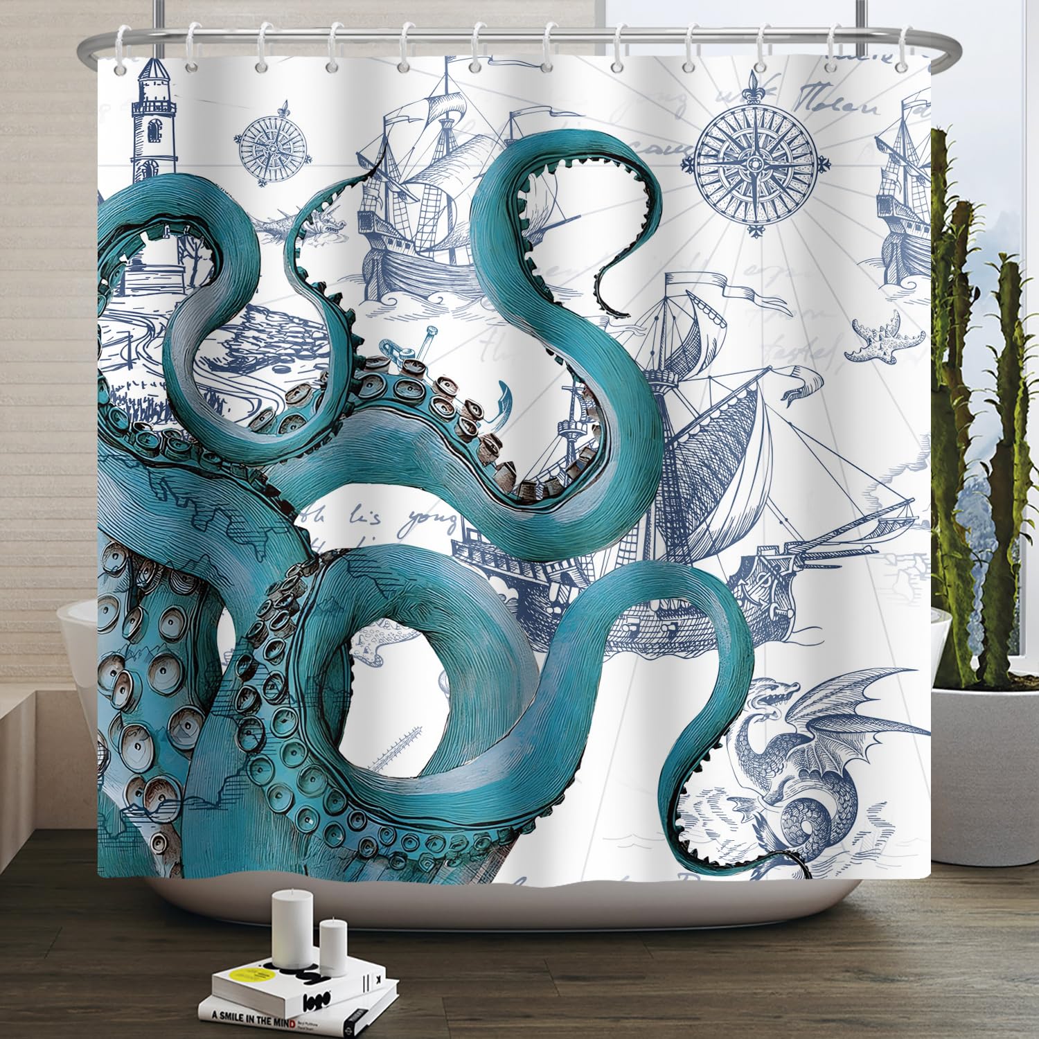 ZJRBJB Blue Nautical Octopus Shower Curtain Funny Ocean Pirate Map Shower Curtain Set Coastal Sailboat Adventure Bathroom Shower Curtain Waterproof Polyester Fabric with 12 Hooks,72x72 inches