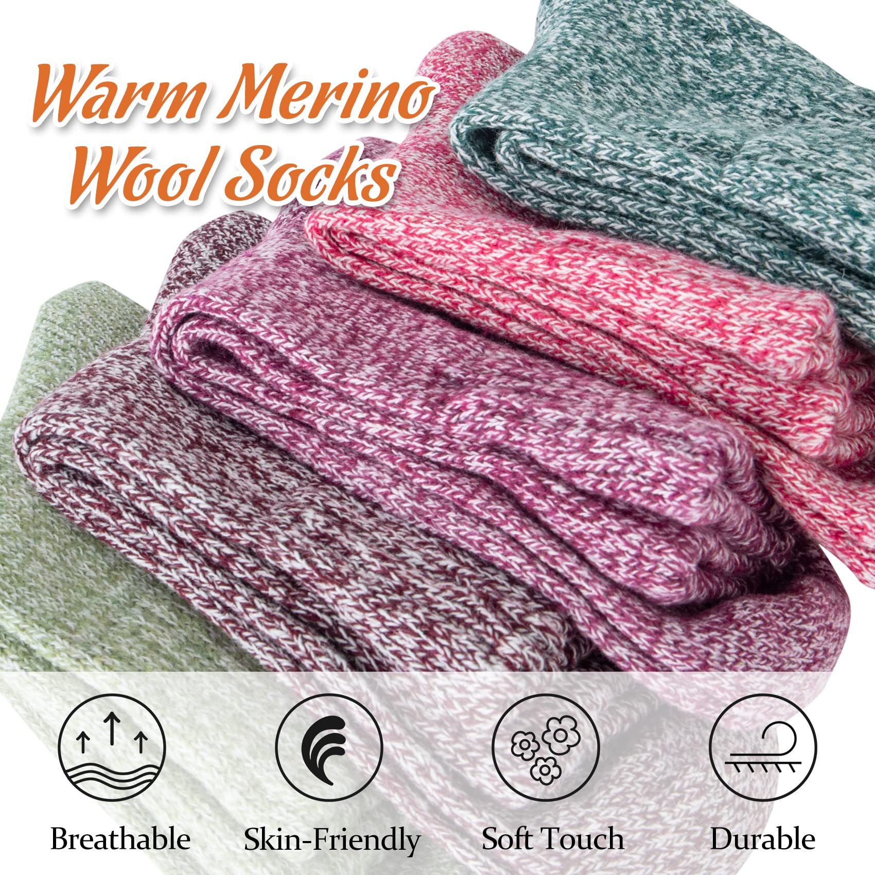 Justay 5paires Chaussettes Femme en Laine Mérinos Chaude Douce pour Hiver, Chaussette Épaisse Unisexe Multicolore（vert, rose, rouge 36-42）, (001-1)