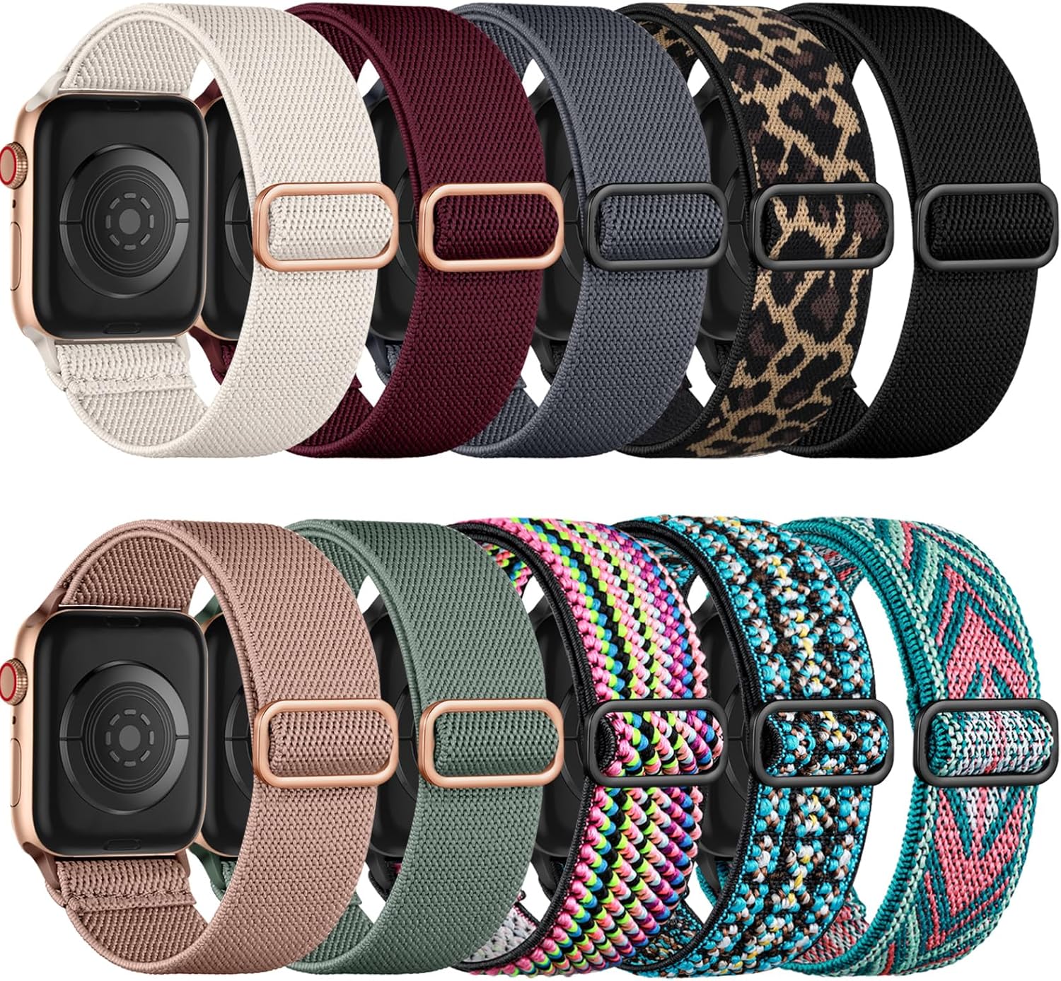 Maledan 10 Stück Elastisch Nylon Armband Kompatibel mit Apple Watch Armband 40mm 41mm 38mm 42mm Damen Herren - Dehnbar Nylon Sport Loop Band für iWatch Series 11 10 9 8 7 6 5 4 3 2 1 SE3 SE2 SE, Set A