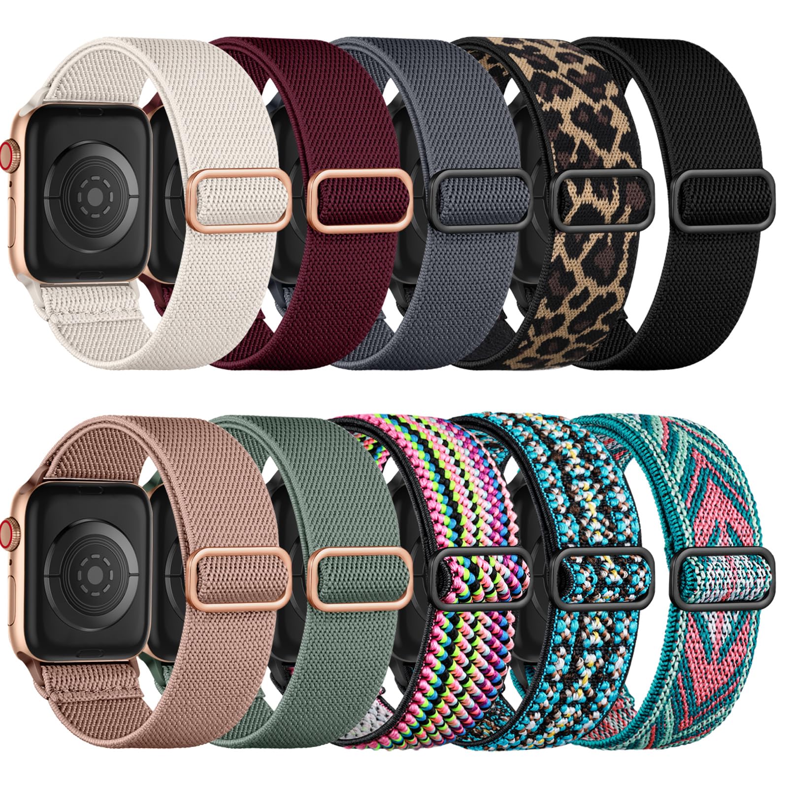 Maledan 10 Stück Elastisch Nylon Armband Kompatibel mit Apple Watch Armband 40mm 41mm 38mm 42mm Damen Herren - Dehnbar Nylon Sport Loop Band für iWatch Series 11 10 9 8 7 6 5 4 3 2 1 SE3 SE2 SE, Set A
