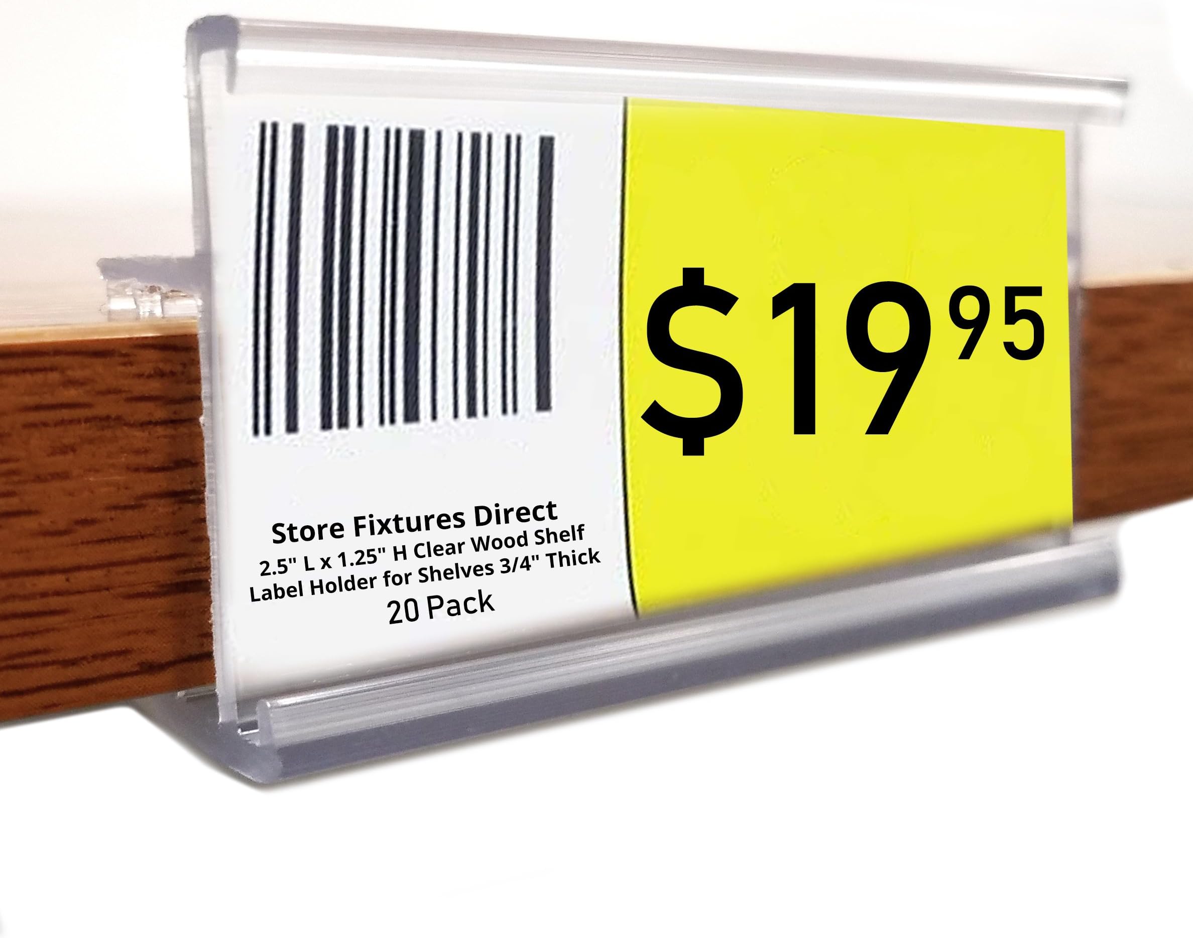 2.5" L x 1.25" H Clear Wood Shelf Label Holder, Clips & Grips On to Shelves 3/4" Thick - 20 Pack