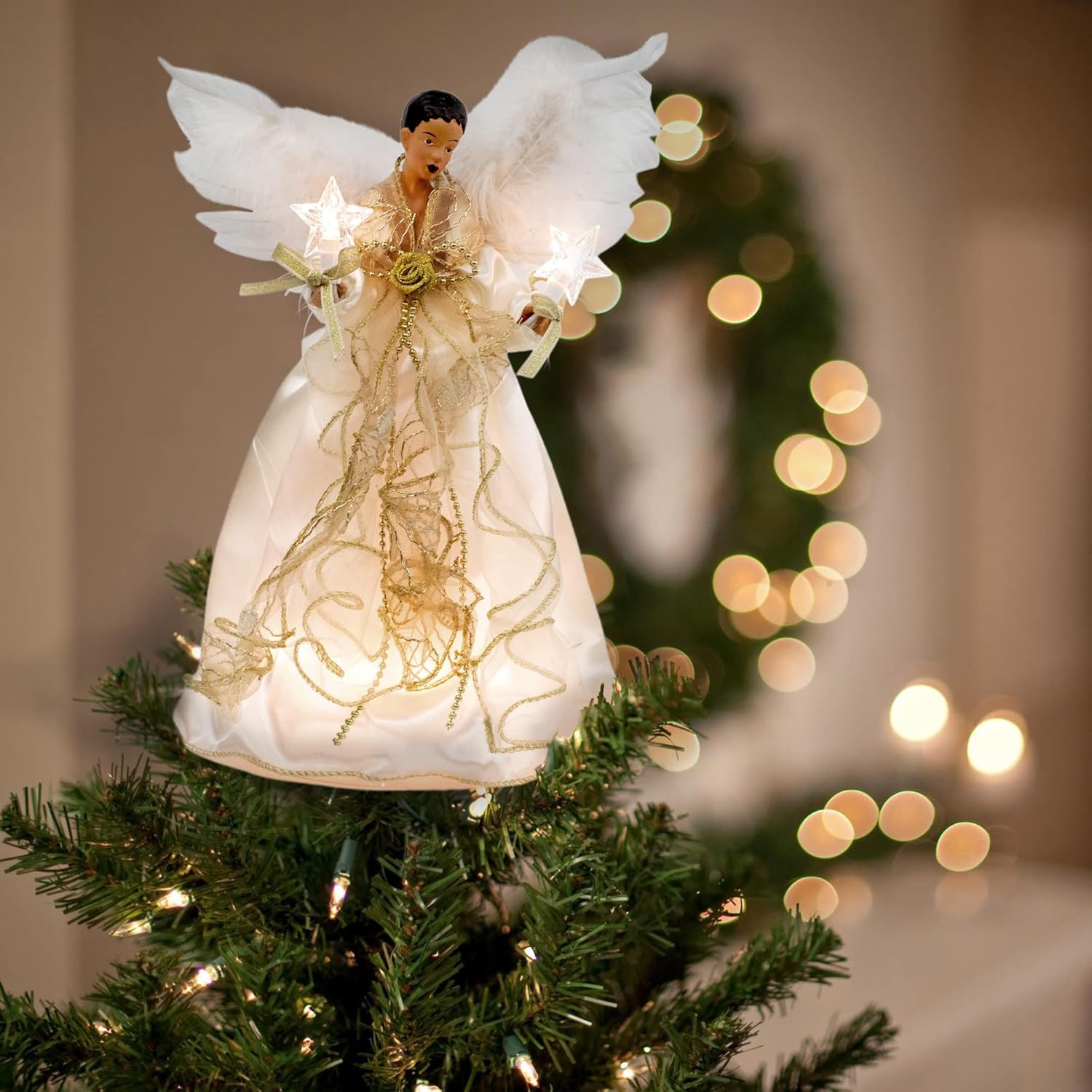 Kurt S. Adler, Inc. UL2219 Kurt Adler 10-Light 12" Ivory & Gold Black Angel Treetop