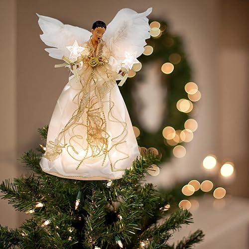 Miniatura 6 de Kurt S. Adler, Inc. UL2219 Kurt Adler Punta de Árbol de Ángel Negro de 10 Luces 12" Color Marfil y Dorado