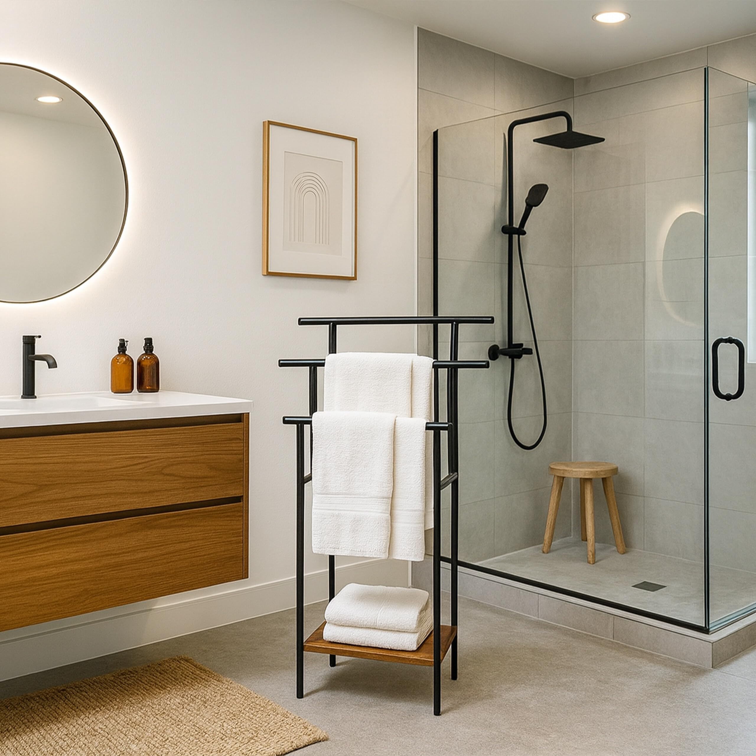 Porte-Serviettes Relaxdays sur Pied, 3 Barres/étagère, 100 x 68 x 30 cm, Style Industriel, Brun/Noir