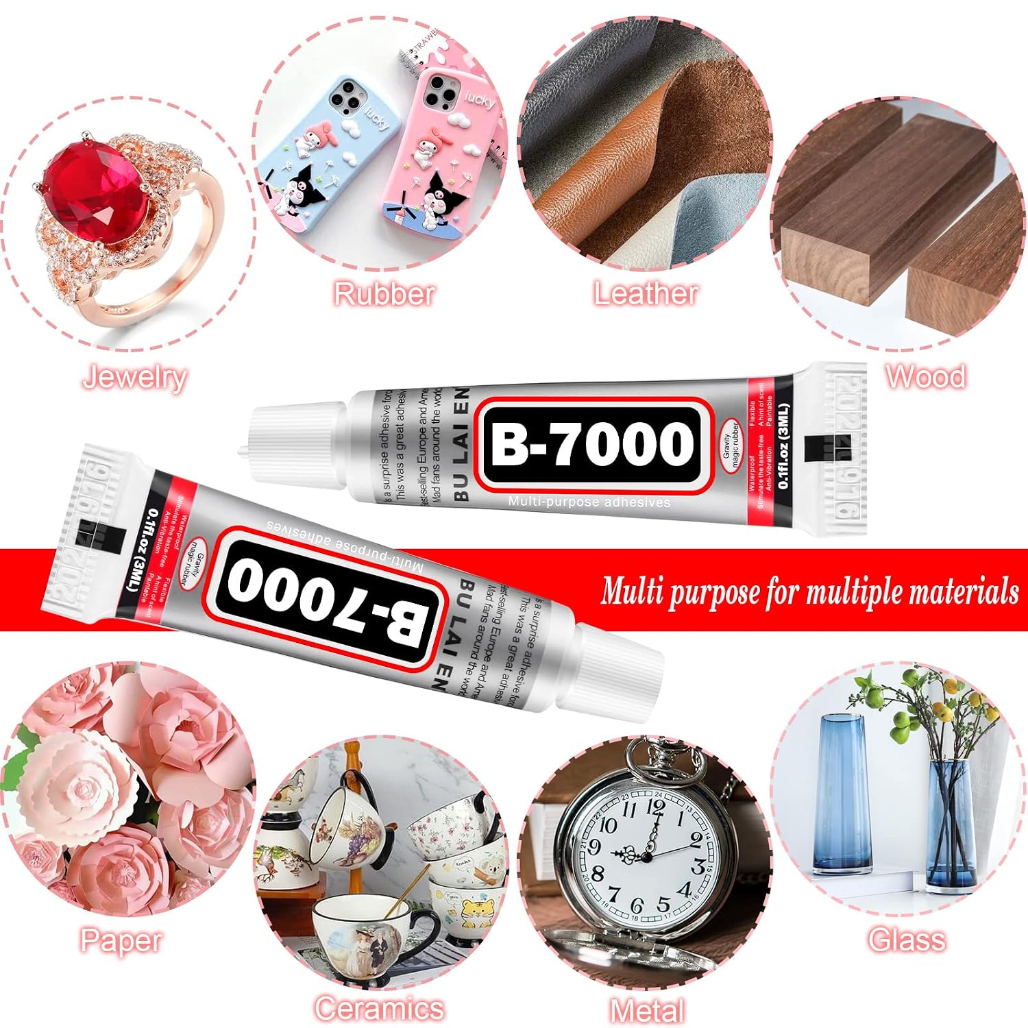 B7000 Glue Clear Adhesive Jewelry Bead B-7000 Glue for Jewelry Rhinestone DIY Cell Phone Repair Clothes Glass Metal Stone Beads Wooden Small Part Item(3ml, 60 Pcs)