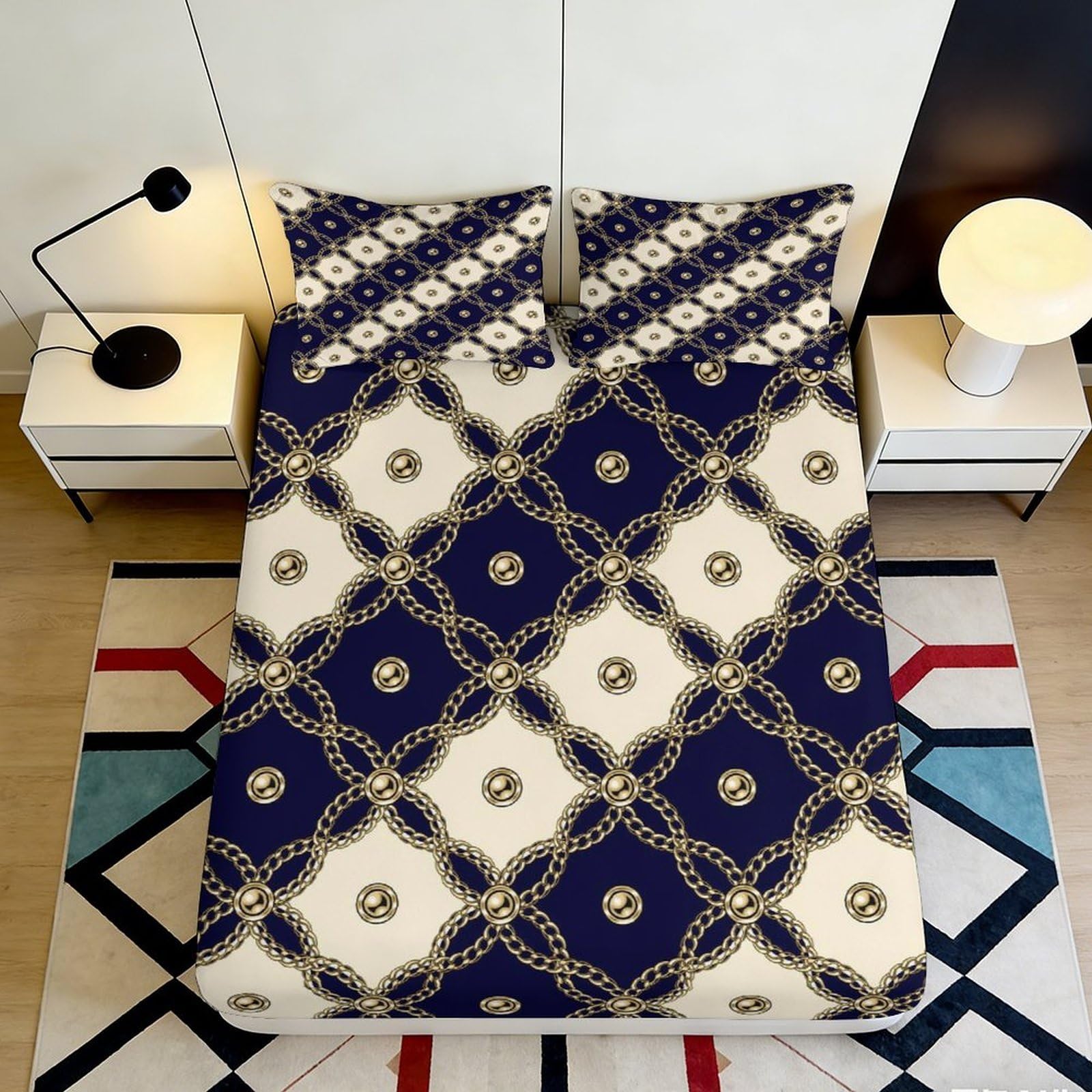 3D Printed Geometric Lattice Fitted Sheet Microfiber Soft Easy Care Retro Navy Pattern Mattress Cover for Bedroom Home Dorm Decor 90x200x25cm