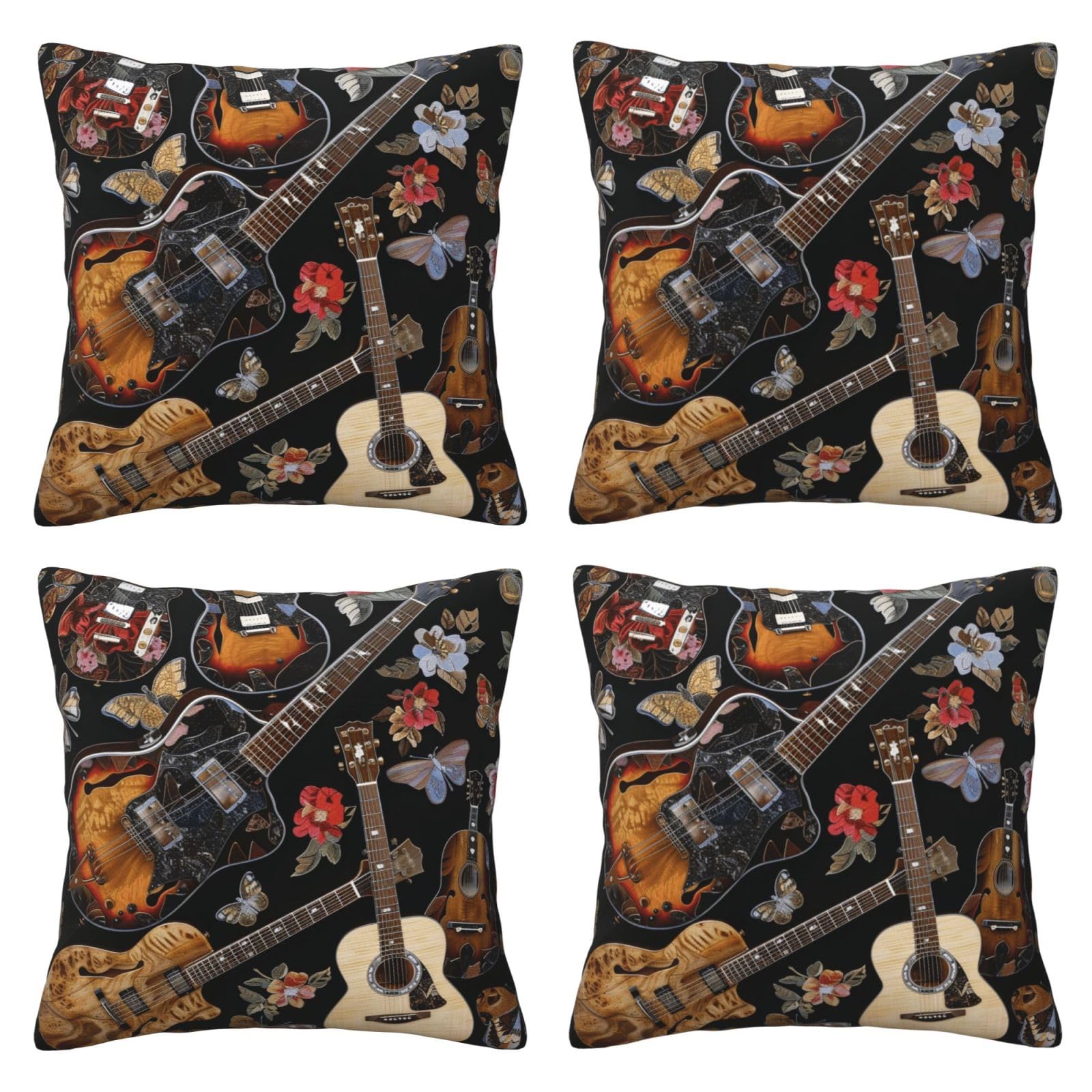 Guitars Throw Pillow Cases 4 Pack Square Pillowcases Super Soft Pillow Protectors With Zipper for Couch Livingroom Sofa Bed Office Car,50x50 CM