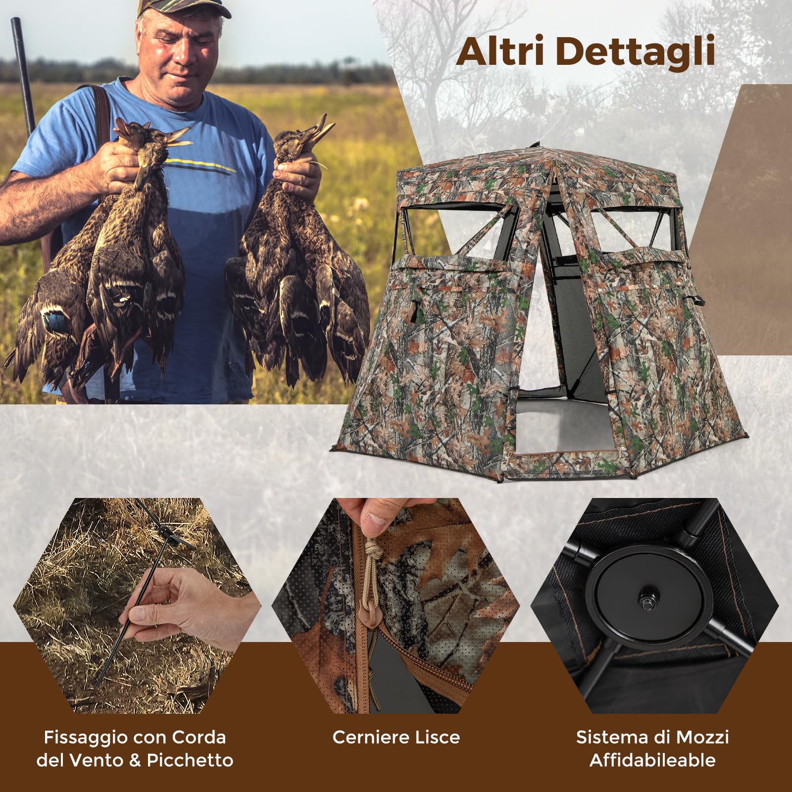 GYMAX Tenda da Caccia 2 in 1, Tenda da Caccia per 2-3 Persone, Tenda da Caccia Trasparente a 360° con Borsa da Trasporto e Porta Completamente Apribile, Tenda Mimetica Pieghevole