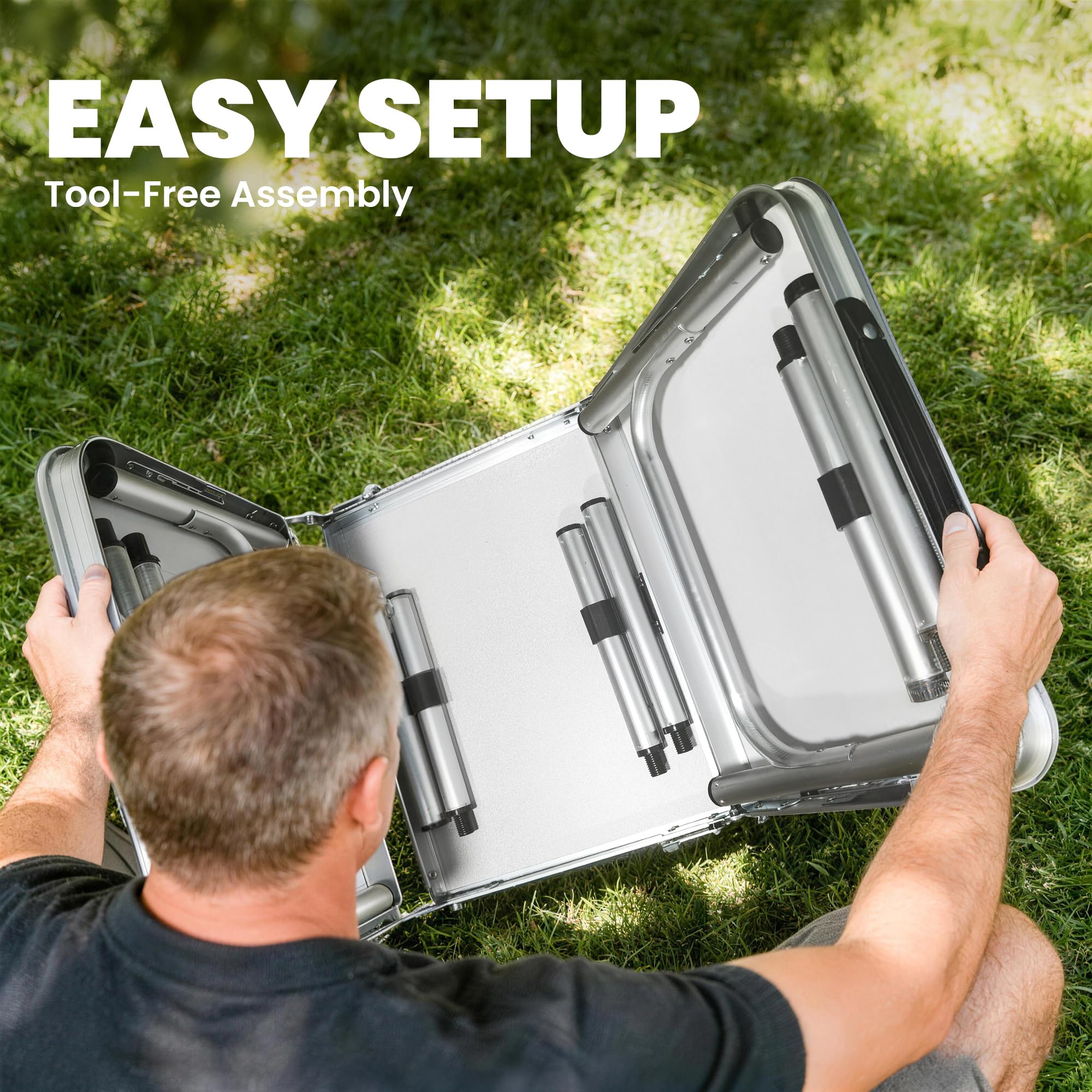 Mesa plegable de camping Outsunny de 91 cm, mesa de picnic con capa de almacenamiento de malla, bolsa de transporte y estructura metálica, portátil para jardín, parque, barbacoa, color blanco crema.