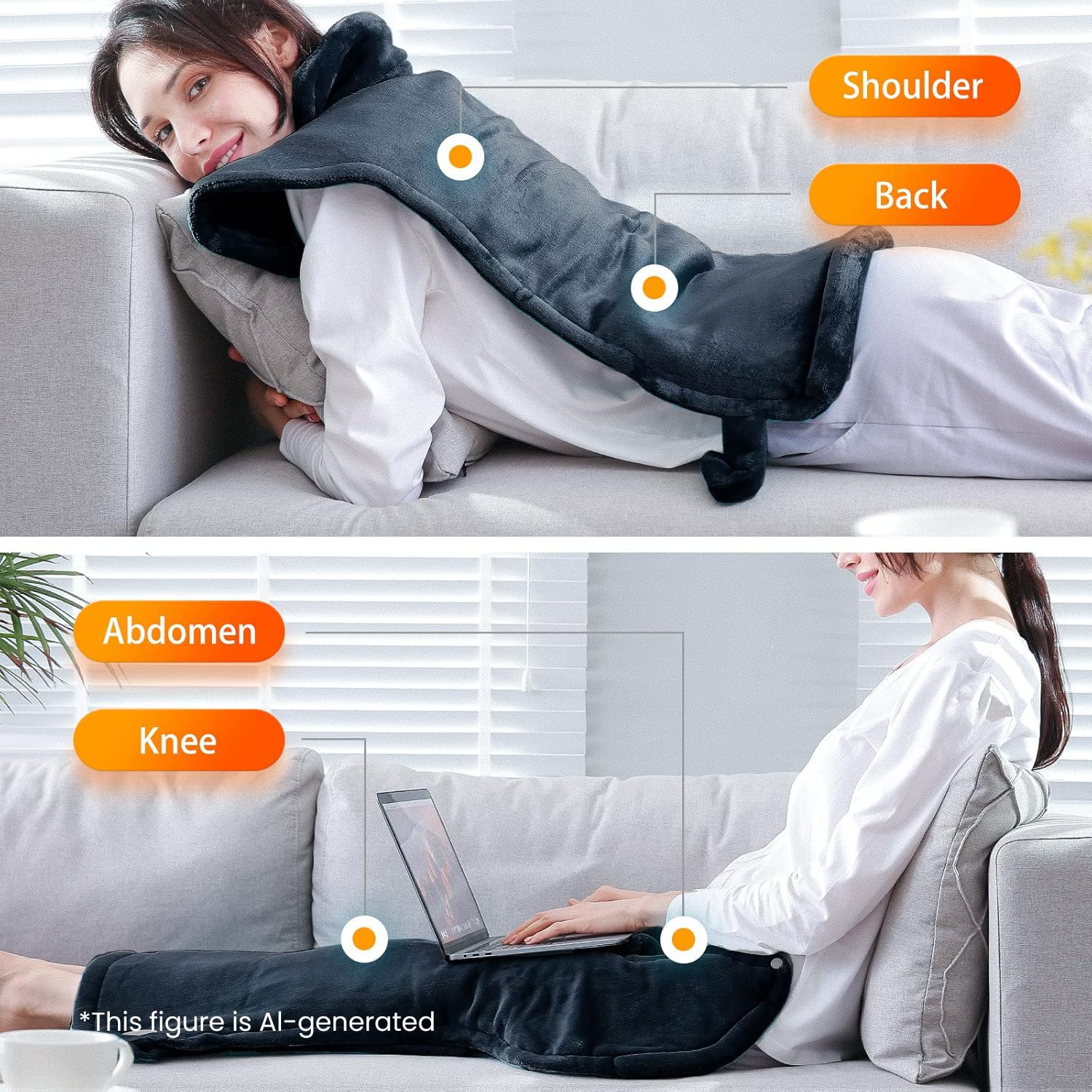 Coussin Chauffant Electrique pour le Dos, Les Épaules, Nuque, Couverture Chauffante 60 x 85 cm, 4 Température Réglable, 90 min Arrêt Automatique et Protection Contre la Surchauffe, Lavable en Machine