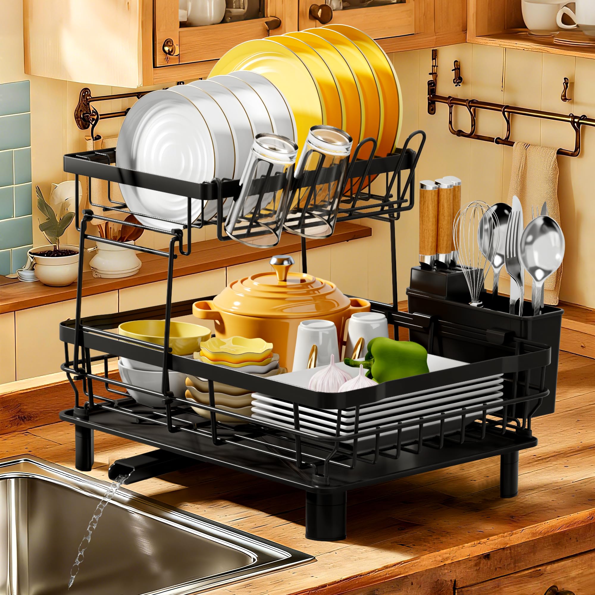 MOUKABAL 2 Tier Dish Drying Rack with Drainboard for Kitchen Counter, Black