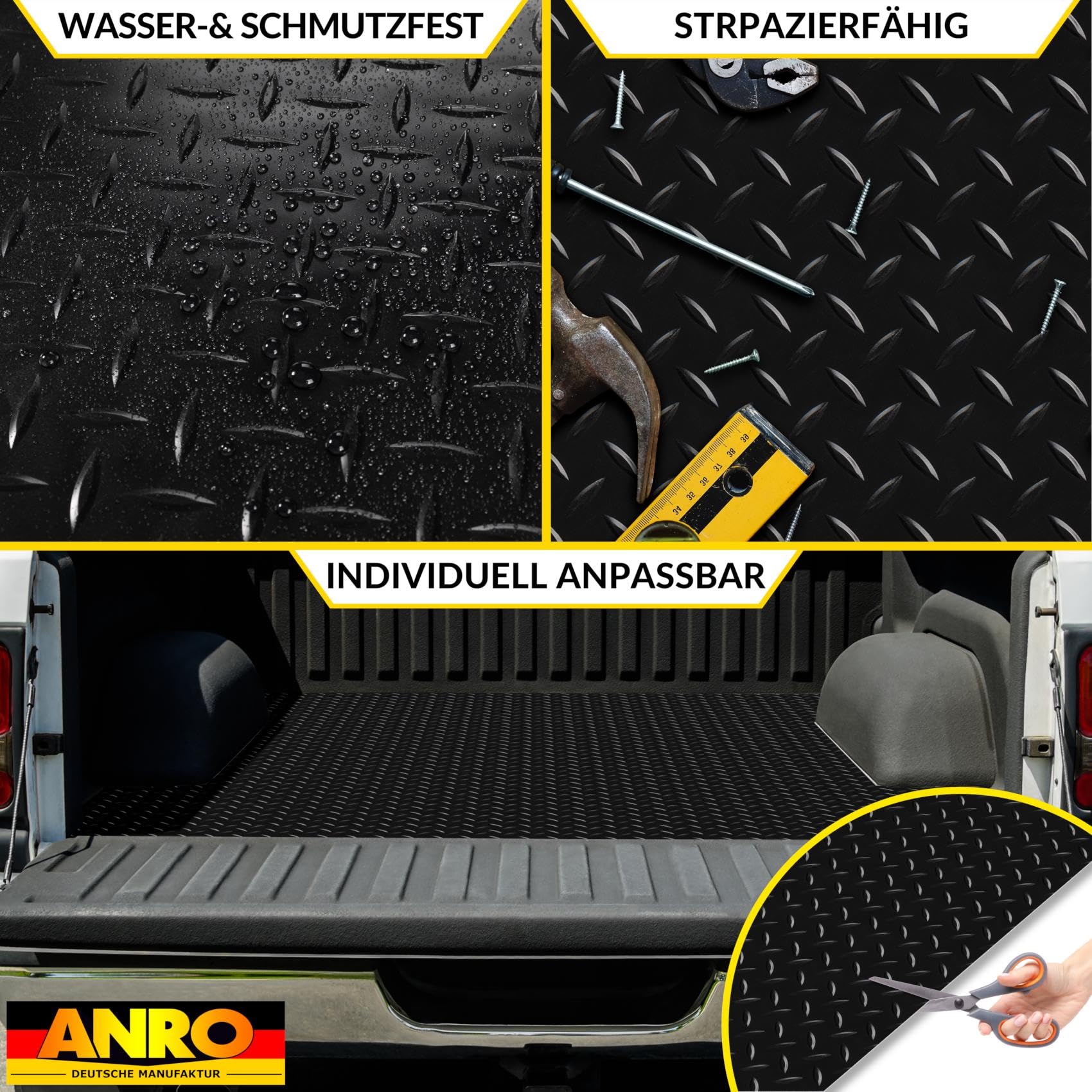 Revestimiento de suelo de PVC por metros, 1,5 mm, alfombrilla antideslizante, inodora, granulada, chapa estriada, a cuadros, antideslizante, chapa para lágrimas, color negro, 650 x 100 cm