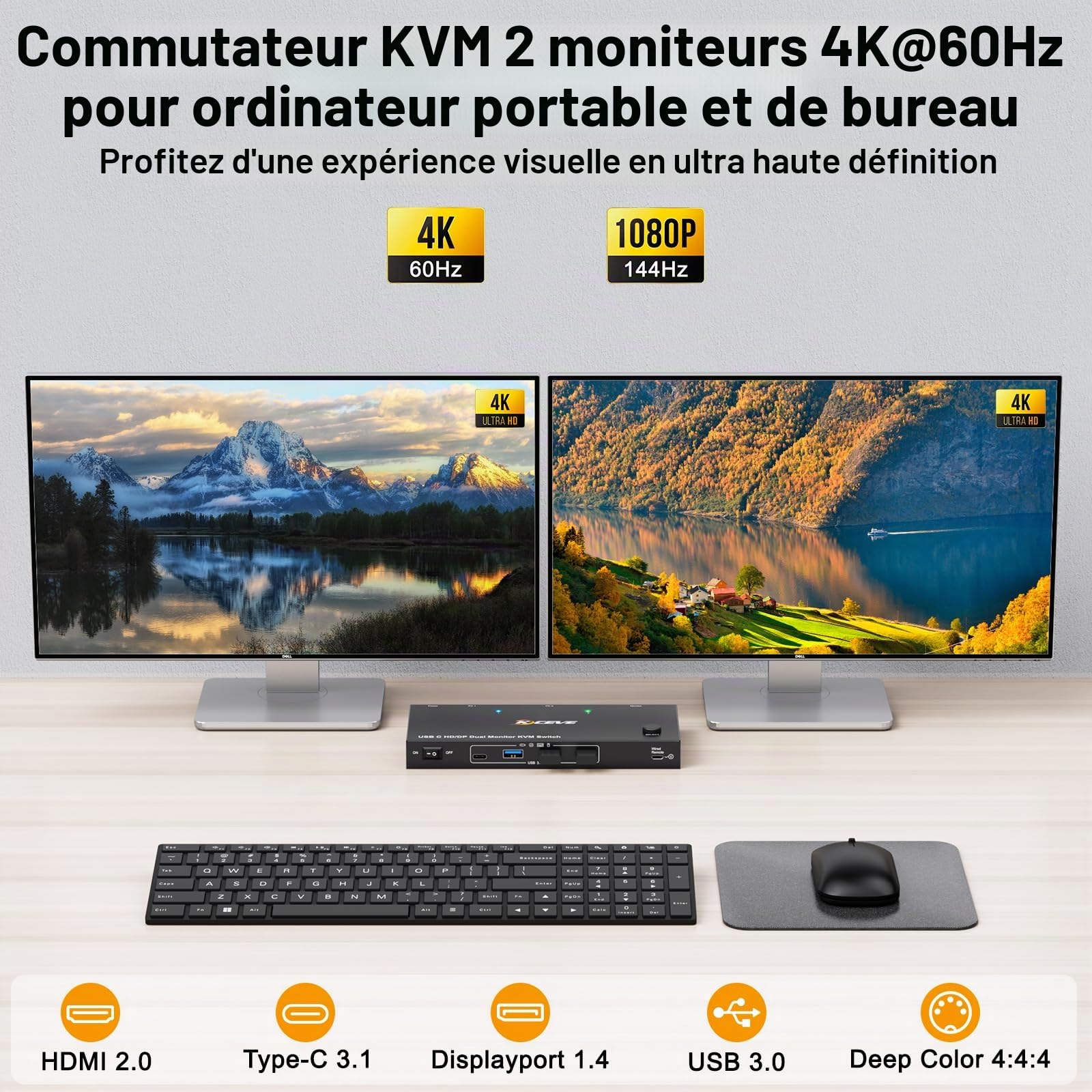KVM Switch Laptop PC 2 Moniteur, KVM Switch 2 PC 2 Monitor USB C DP HDMI Partage 4 USB 3.0 Ports, 4K@60Hz, MST, PD 60W, Wired Remote(4K USB C DP HDMI 2 in 2 out KVM)