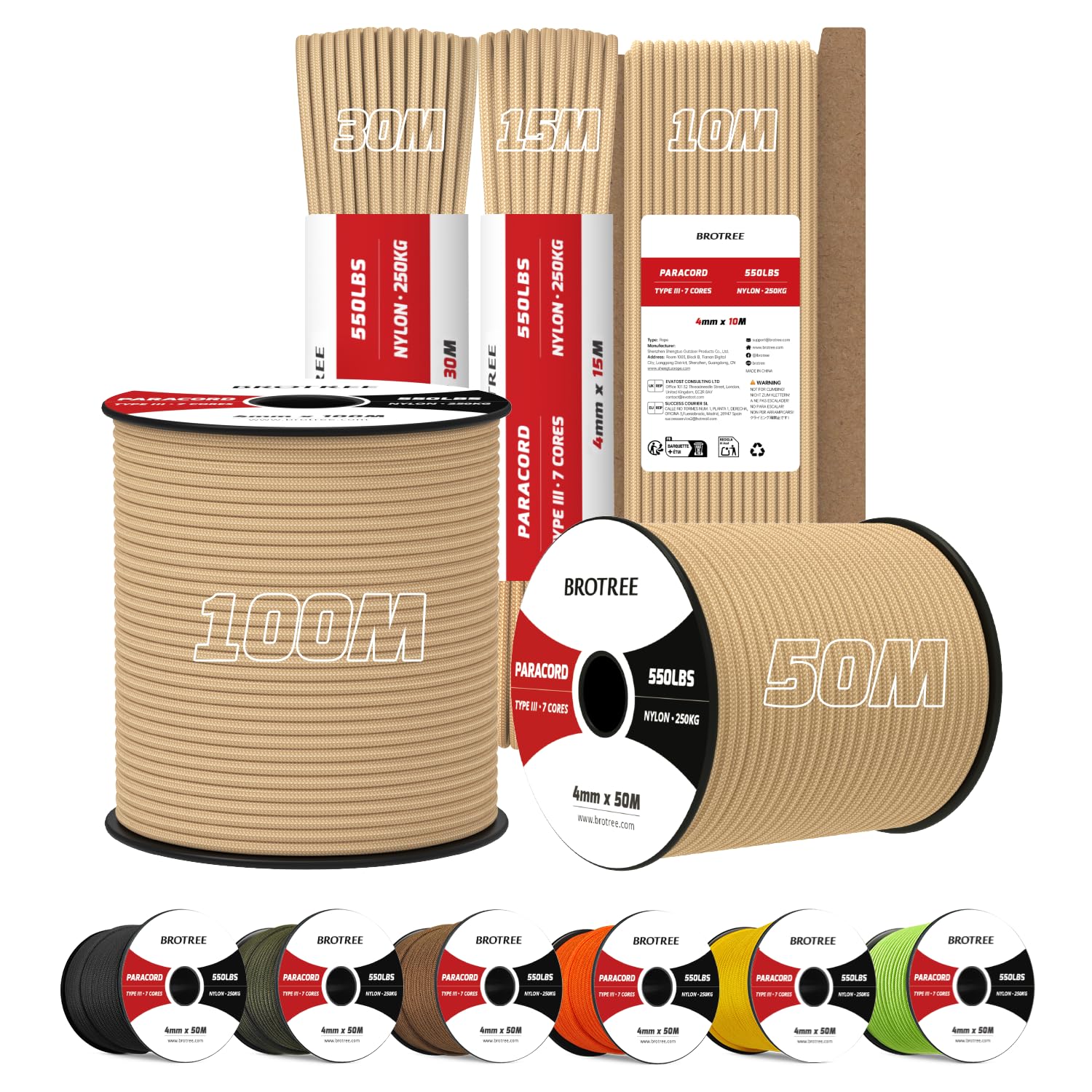 Brotree 4mm Paracord 550 10M 100% Nylon Rope 7 Strands Type III Parachute Cord for Outdoor and DIY - 250kg Breaking Load (Khaki)