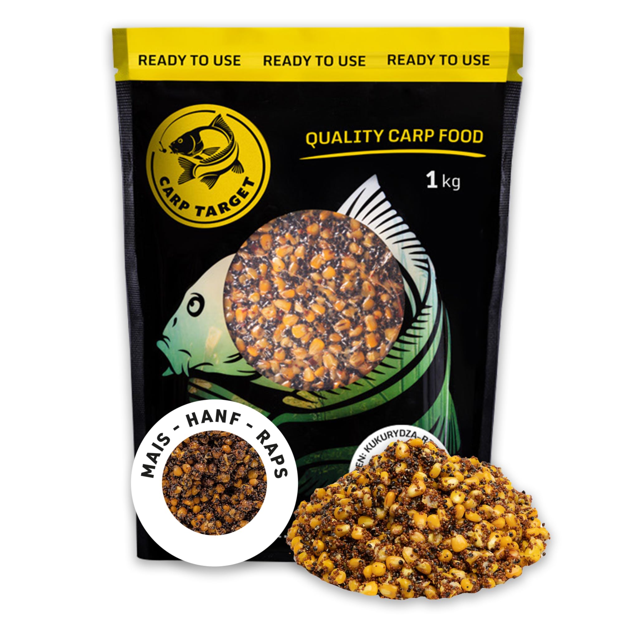 Mix ziaren kukurydza konopia rzepik 1 kg - Gotowa przynęta na karpia, amura, leszcza, lina, płocie - Duże ziarna wędkarskie ugotowane w punkt - zapakowane próżniowo - nie przekarmia ryb