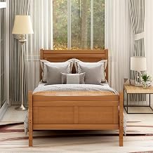 MERITLINE Twin Bed Frame with Headboard and Wood Slat Support for Bedroom, No Box Spring Needed, Oak