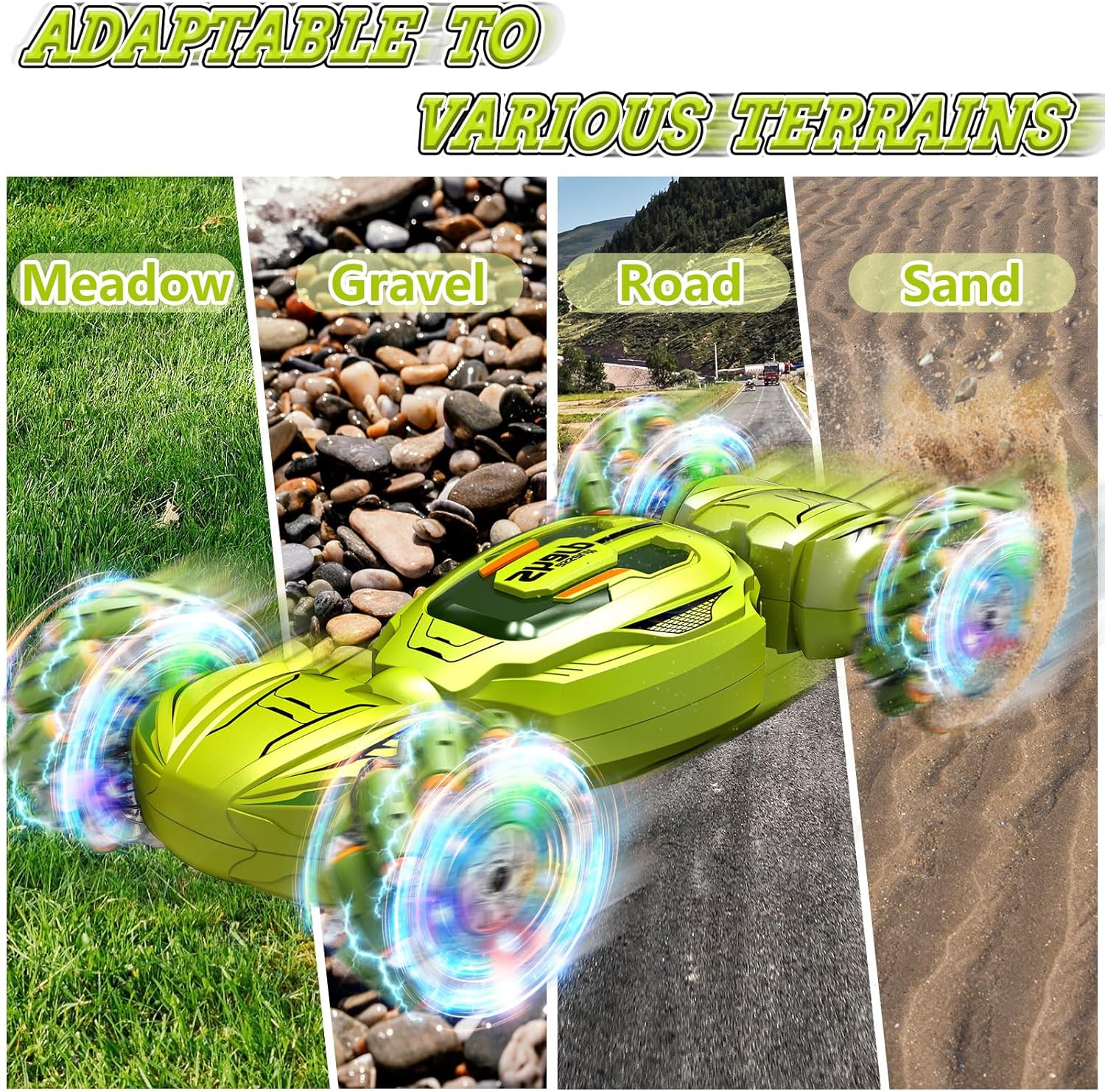 Gesture Sensing RC Stunt Car, 4WD Hand Controlled Remote Control Car Toys for 6-12 yr Boys Girls - St. Patrick's Day Gifts for Kids 6-8 8-13, 360° Rotating Transform Off Road w/Lights Music, Green