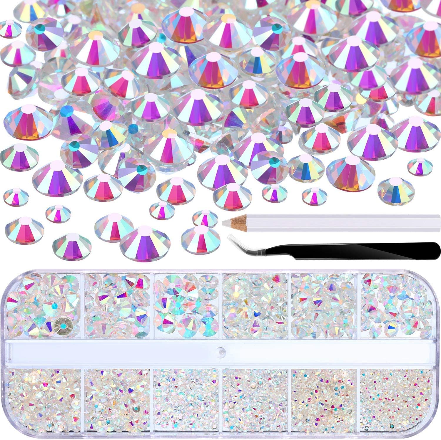 TecUnite 2000 Pieces Flat Back Gems Round Crystal Rhinestones 6 Sizes (1.5-6 mm) with Pick Up Tweezer and Rhinestones Picking Pen for Nail Face Clothes Shoes Bags DIY(Clear AB)