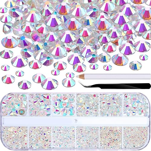TecUnite 2000 piezas de gemas de imitación de diamantes con espalda plana, 6 tamaños (1.5-6 mm) con pinza y bolígrafo de recolección para