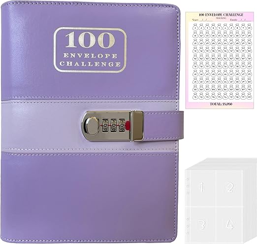 100 Envelopes Money Saving Challenge Binder with Code Lock, and Laminated Tracker, A5 Budget Binder with Cash Envelopes, Easy and Fun Way to Save $5050 (Purple)