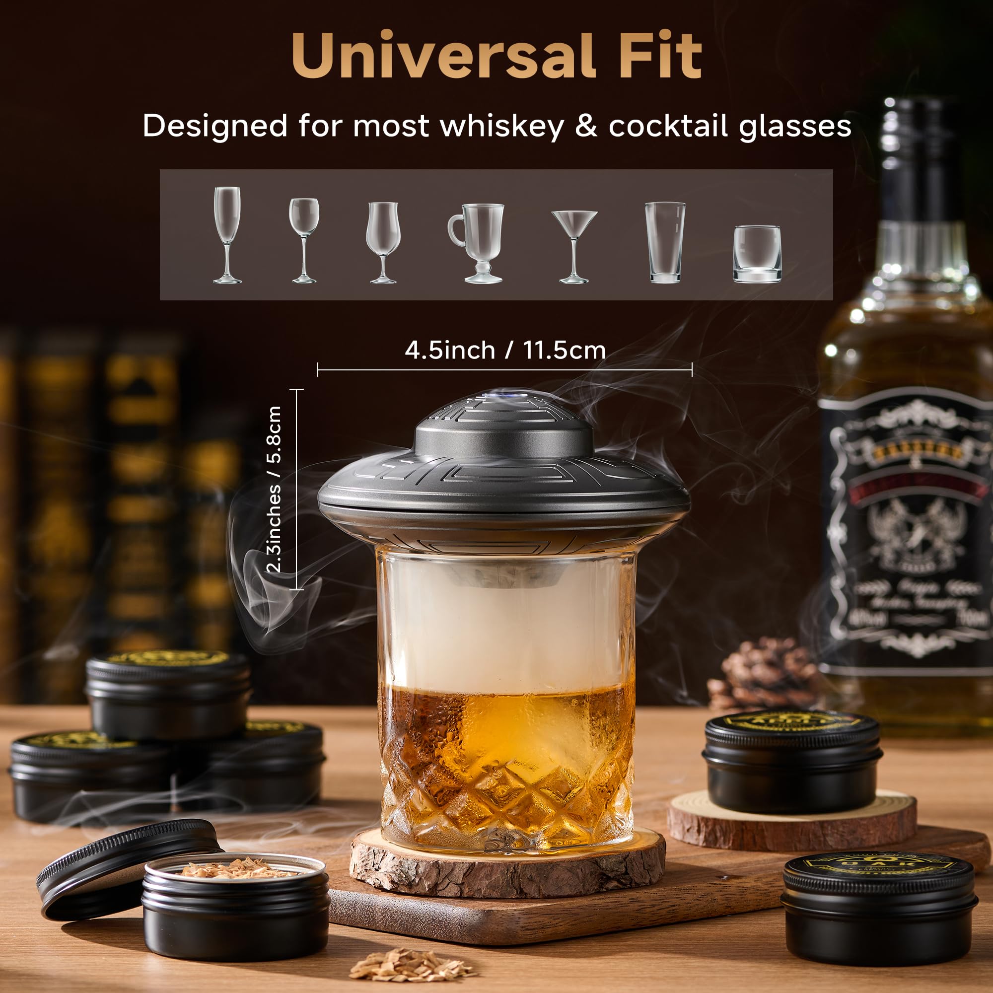 ComboJoy Kit per affumicatore elettrico per whisky, accendino integrato, 6 gusti di trucioli di legno, stampi per bicchieri e sfere di ghiaccio, kit ricaricabile per cocktail, kit per affumicatore di