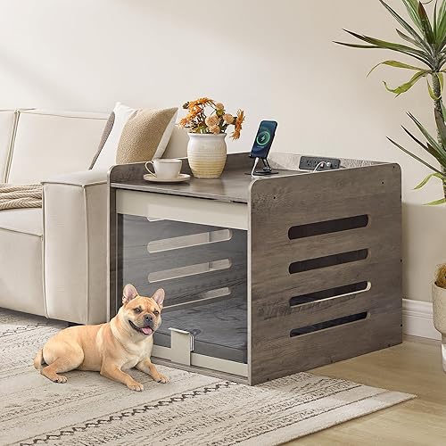 Feandrea Modern Dog Crate Furniture with Charging Station, Kennel Indoor with Flip-up Hidden Acrylic Door, for Small and Medium Dogs up to 45 lb, Side End Table, Heather Greige UPOC021G01