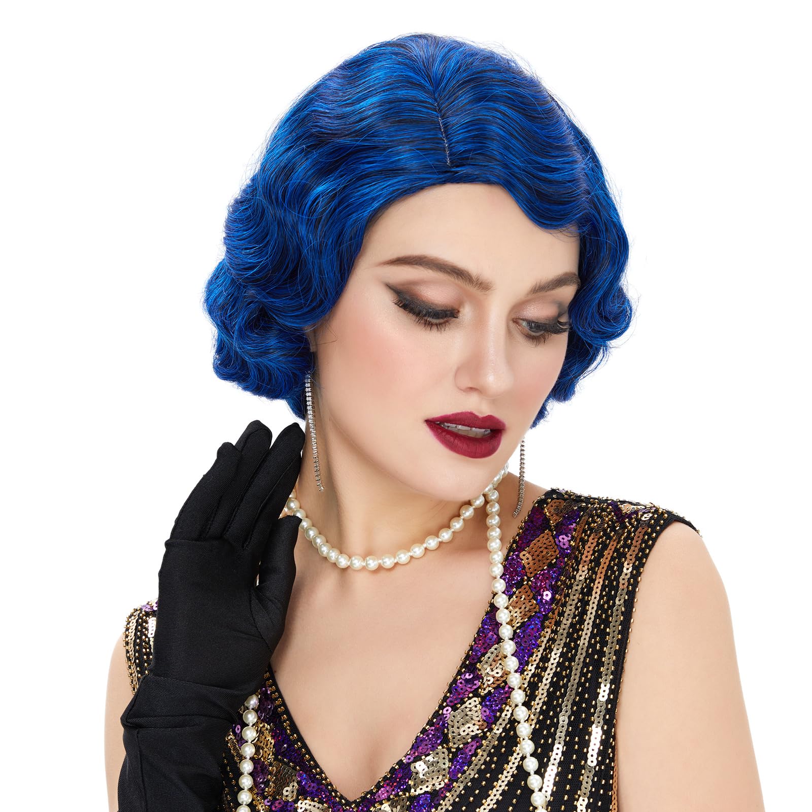 Finger Wave 1920s Wig Short Curly Fancy Dress for Women Cosplay Party 70s Costume (Dark Blue) - Image 2