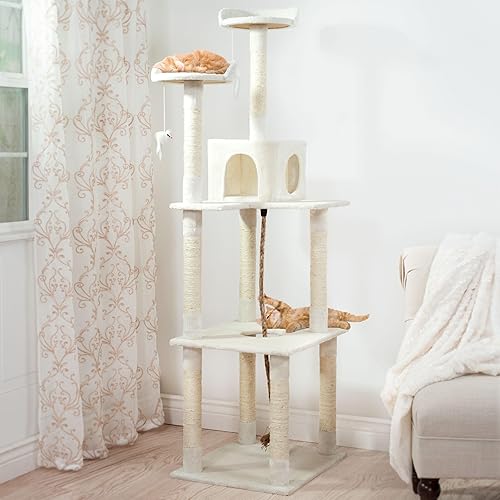 Miniatura 7 de Cat Tree - 6-Foot Cat Tower for Indoor Cats with Napping Perches, Kitty Condo, 9 Cat Scratching Posts, 2 Hanging Toys, and Rope by PETMAKER (Ivory)