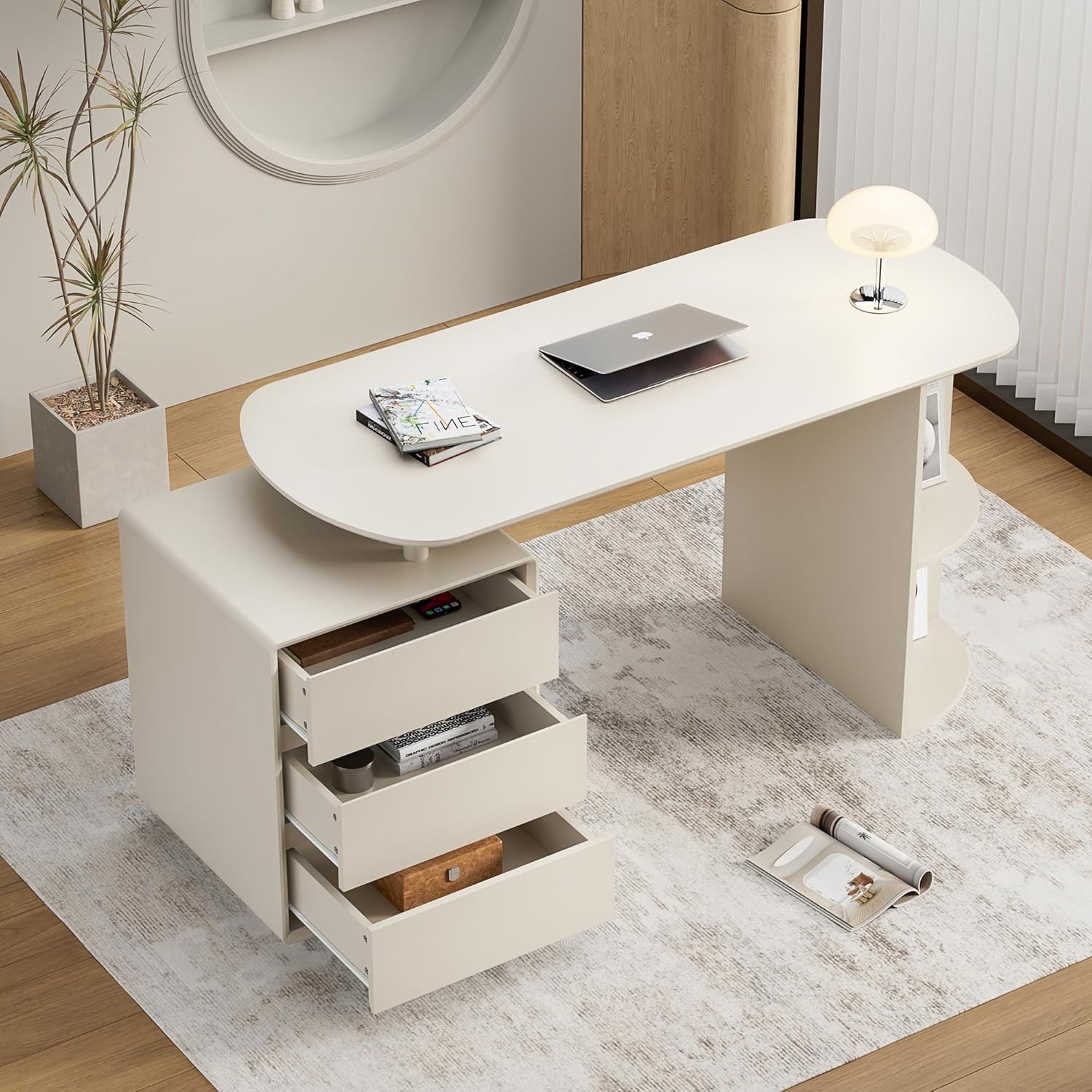 Qulomvs Desk with Drawers, 55inch Home Office White Desk with Drawers and Storage Shelves, Cream White Modern Simple Style Laptop Desk, Work Study Writing Table Workstation for Home Office