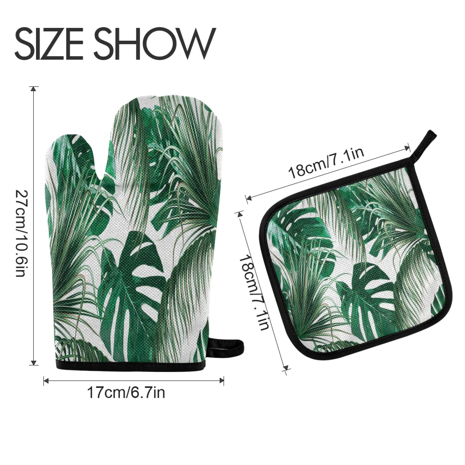ALAZA Tropical Palm Tree Leaves Green Oven Mitt and Pot Holder Set Heat Resistant Kitchen Glove for Cooking Baking Grilling Barbecue