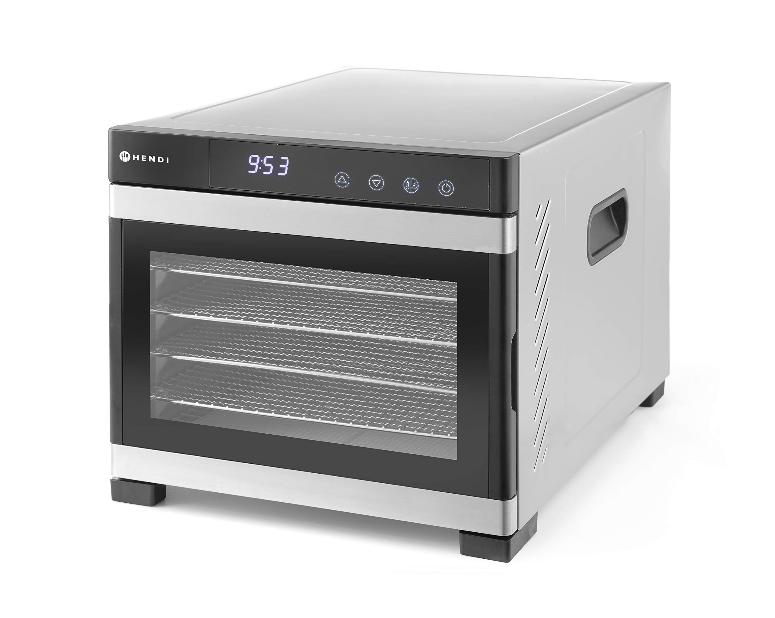 HENDI Essiccatore alimentare, con 6 griglie, per l’essiccazione di frutta, verdura e carne, timer, intervallo di temperatura da 35º a 75ºC, 230V/600W, 340x450x(H)311mm, acciaio inossidabile