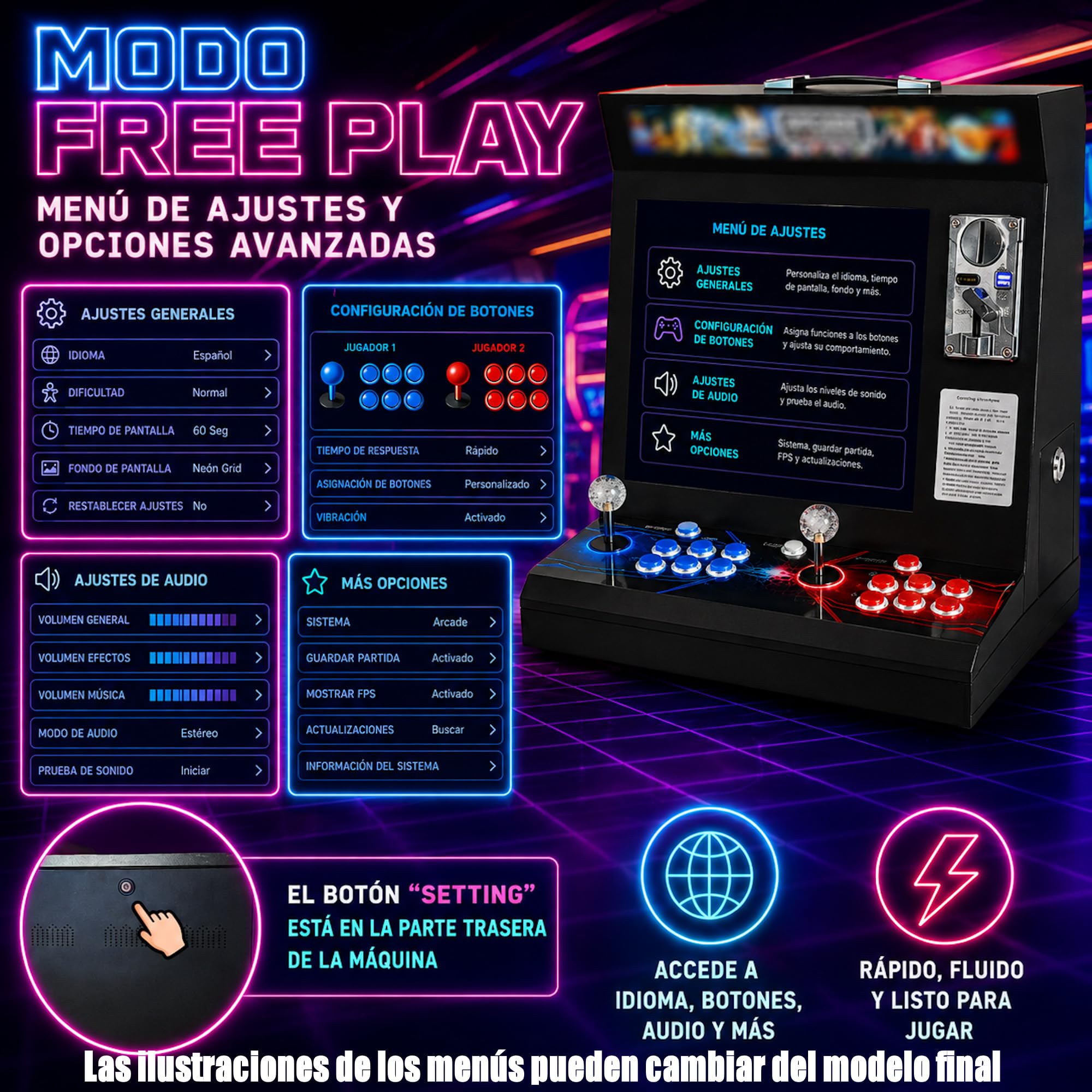Máquina Arcade Tipo Bar Top 17” 4:3 | 9.800 Títulos Retro y 3D | 2 Jugadores con 6 Botones y Joysticks Arcade | Altavoces y Monedero Integrados | Compatible con hasta 4 Jugadores