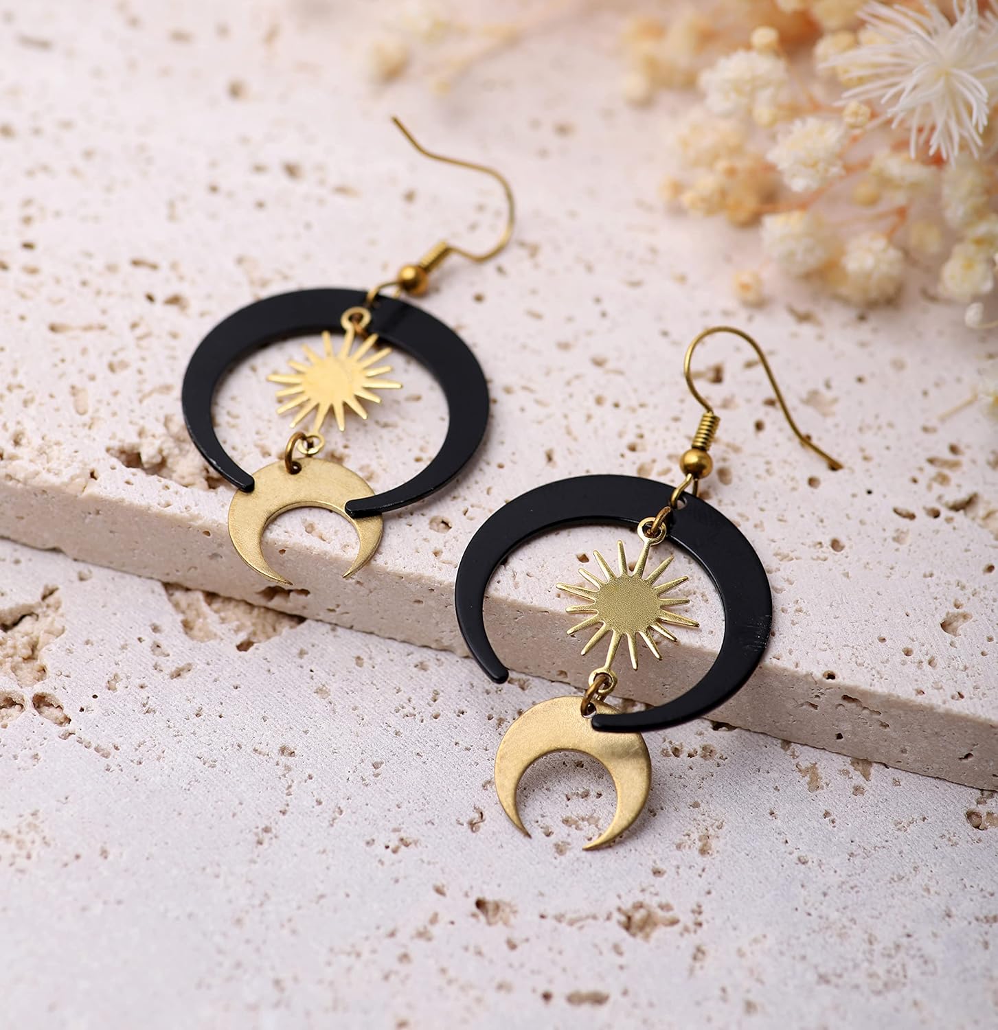 Sacina Gothic Boho Sun and Moon Earrings, Crescent Moon Star Pendant, Celestial Earrings, Goth Jewelry Gift for Women (Black Moon Sun) - Image 5