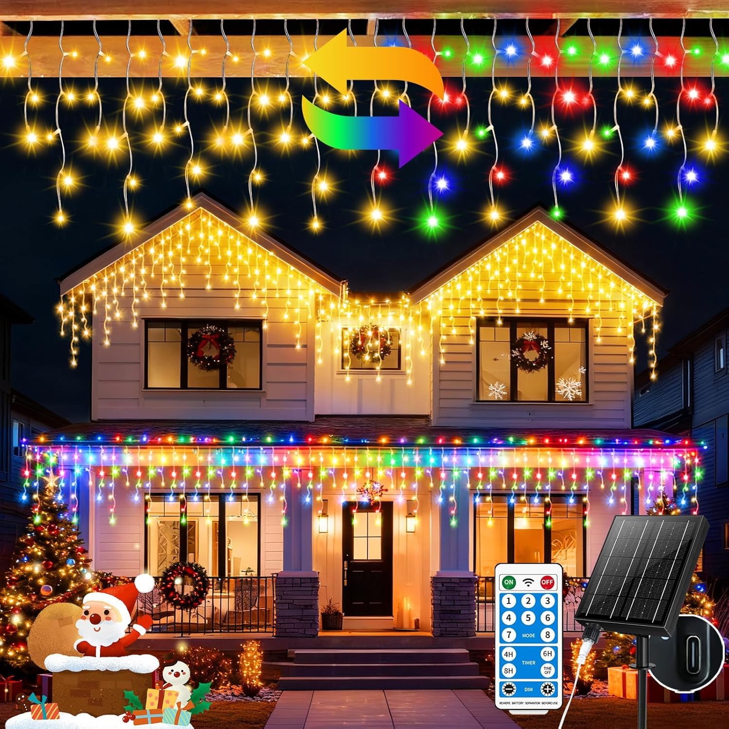 GCMacau 3 in 1 Solar Christmas Icicle Lights Outdoor 20+5m 82ft 660 Led Solar Icicle Fairy Lights 8 Lighting Modes with Dimmable String Lights Outdoor for Yard, Patio, and Wedding Decor — image 1