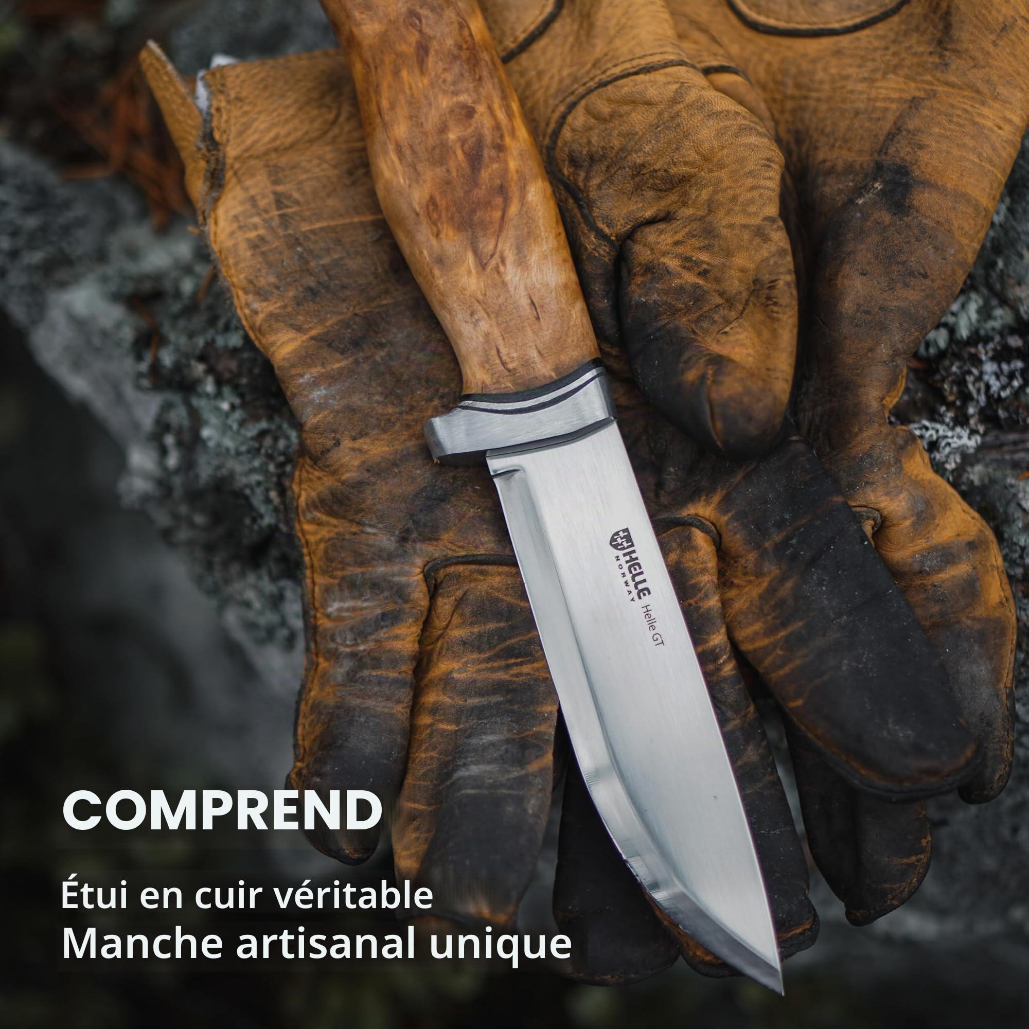 Couteau HELLE GT, lame 4,84 pouces, manche en bouleau madré