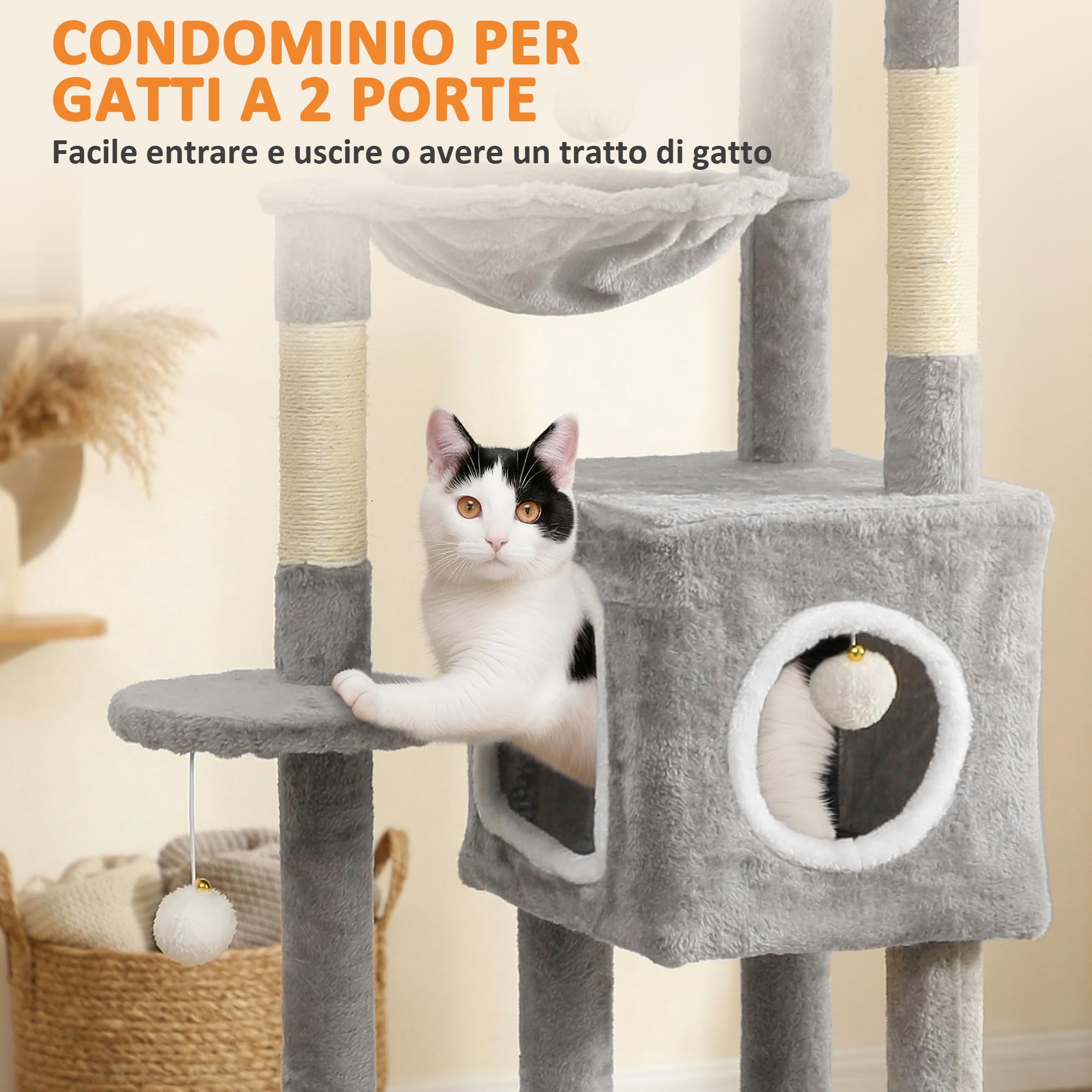 PawHut Tiragraffi per Gatti Alto 165cm con 4 Pali Graffiatoi Sisal Grigio | Albero per Gatti Multilivello, 2 Grotte, Cuccia, Amaca, 4 Pompon, Piattaforme, Rampa, Torre per Gattini, in Peluche