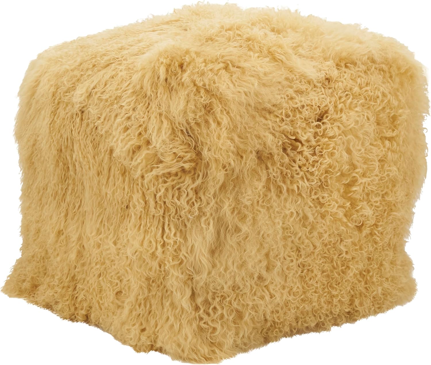 SARO LIFESTYLE Mongolian Lamb Wool Pouf Ottoman – Ivory, 18” x 18” x 16” with Firm Insert, Luxury Textured Accent Footrest or Extra Seating