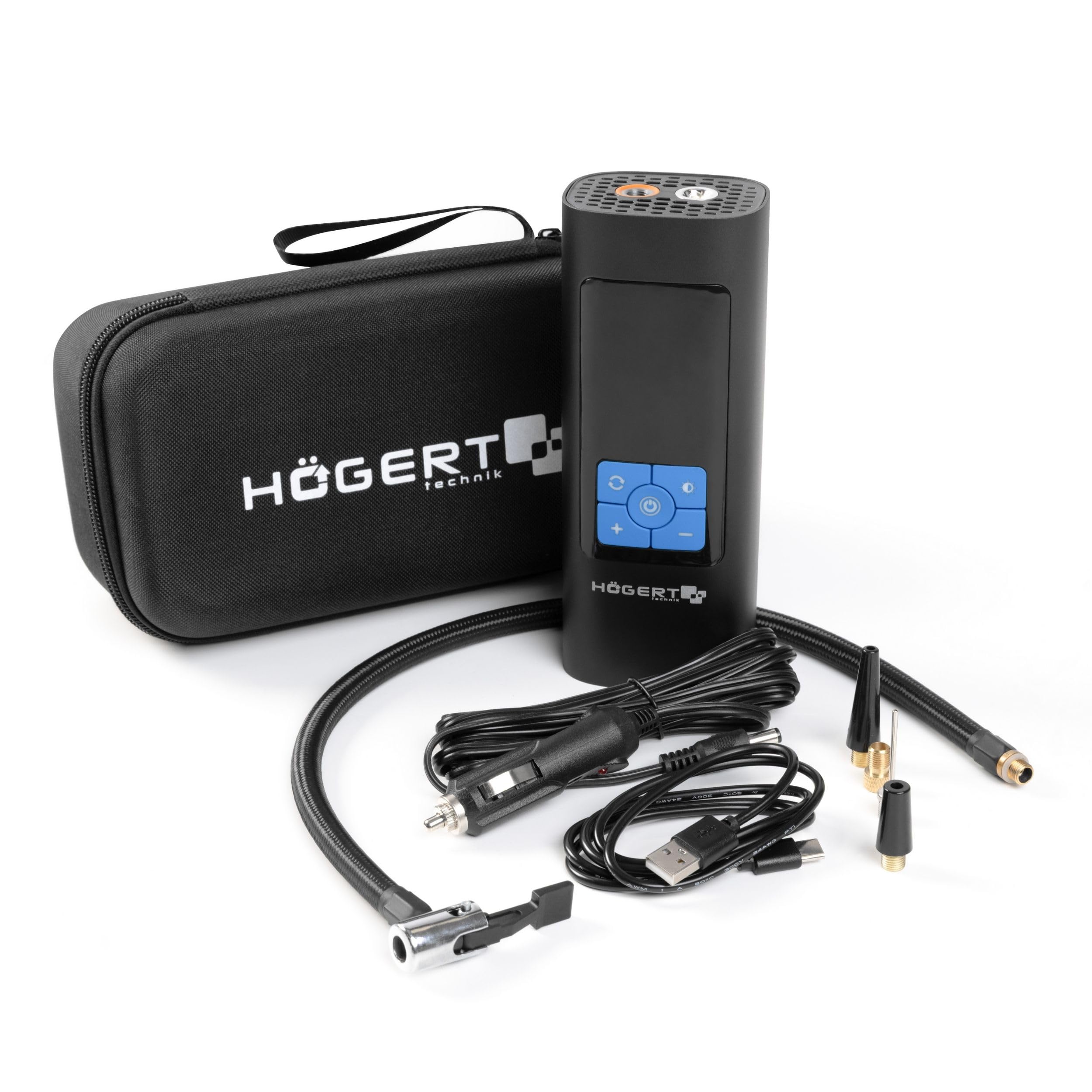 HÖGERT TECHNIK Tragbare Akku Elektrische Luftpumpe 145PSI 3in1, Mini Kompressor mit Powerbank & LED Licht, Mobiler Luftkompressor Fahrradpumpe Auto Motorrad Ball Matratze, USB-C Ladegerät