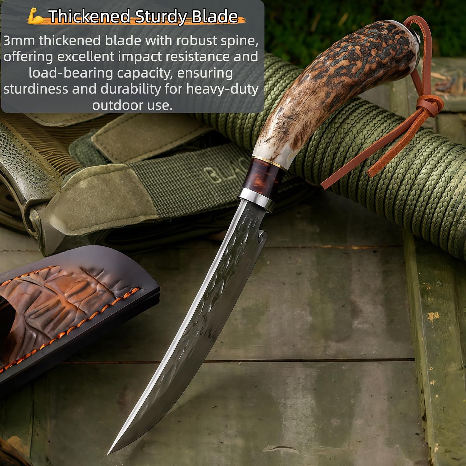Knives, Fixed Blade Knife - Damascus Steel, Natural Antler & Wood Handle, 3mm Full Tang Knife, Sharp Blade, Leather Sheath, Camping Knife, Premium EDC & Collectible Knife, Valentines Gifts for Him