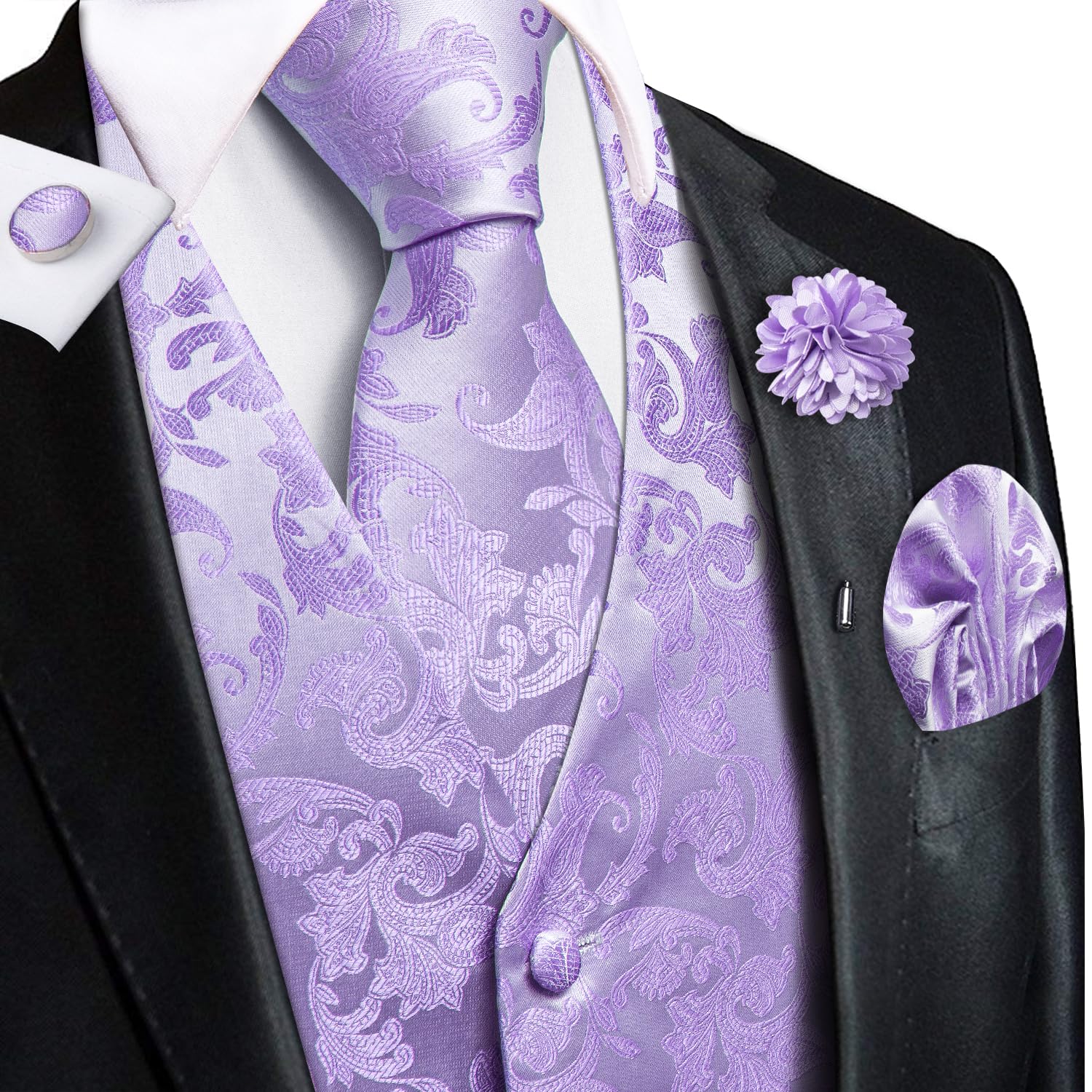 Hi-Tie Ensemble de gilets en soie jacquard pour homme avec poche à revers et cravate pour smoking de mariage