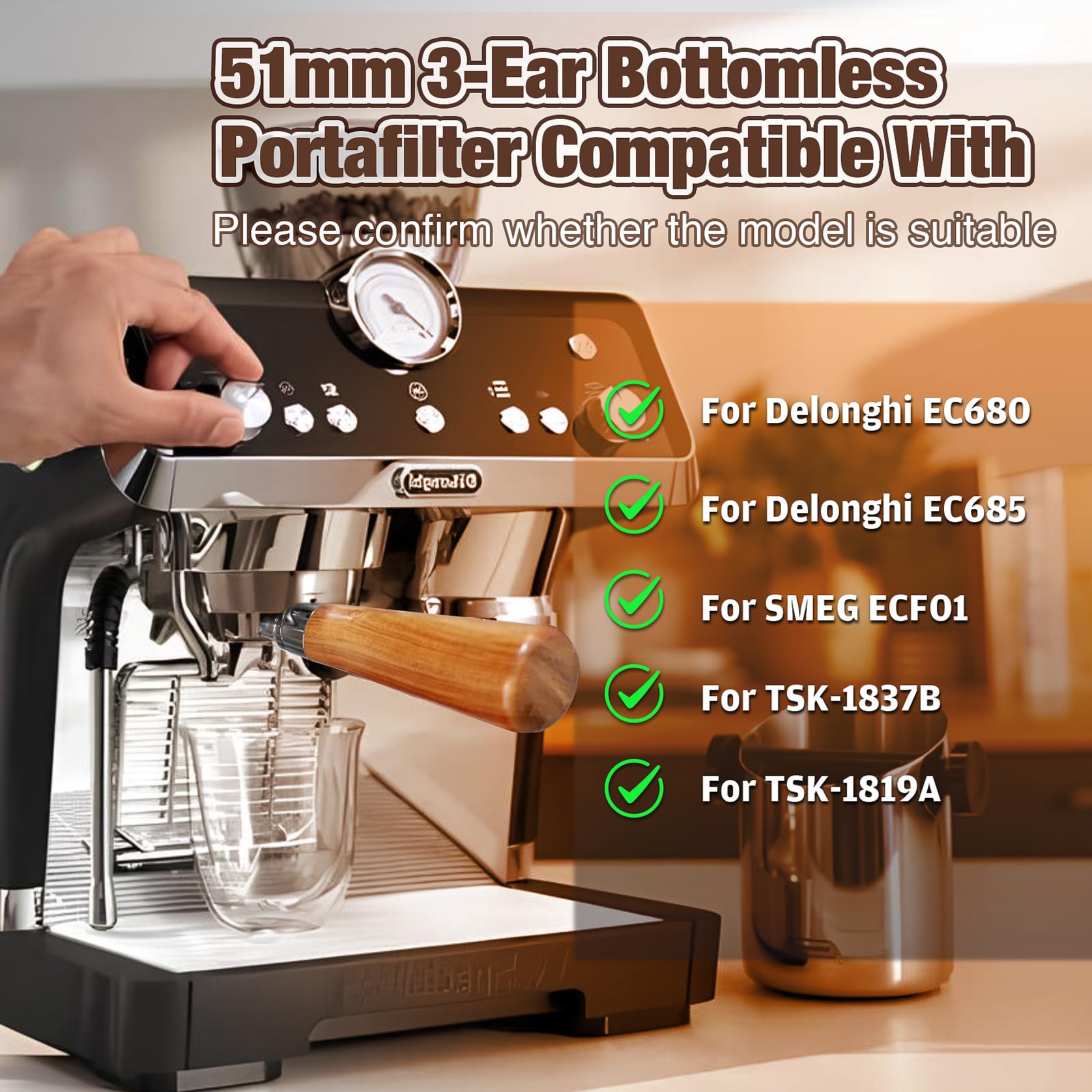 Porte-Filtre 51mm 3 Oreilles Avec Manche Bois Rouge - Filtre Non Pressurisé Pour Delonghi EC680 EC685