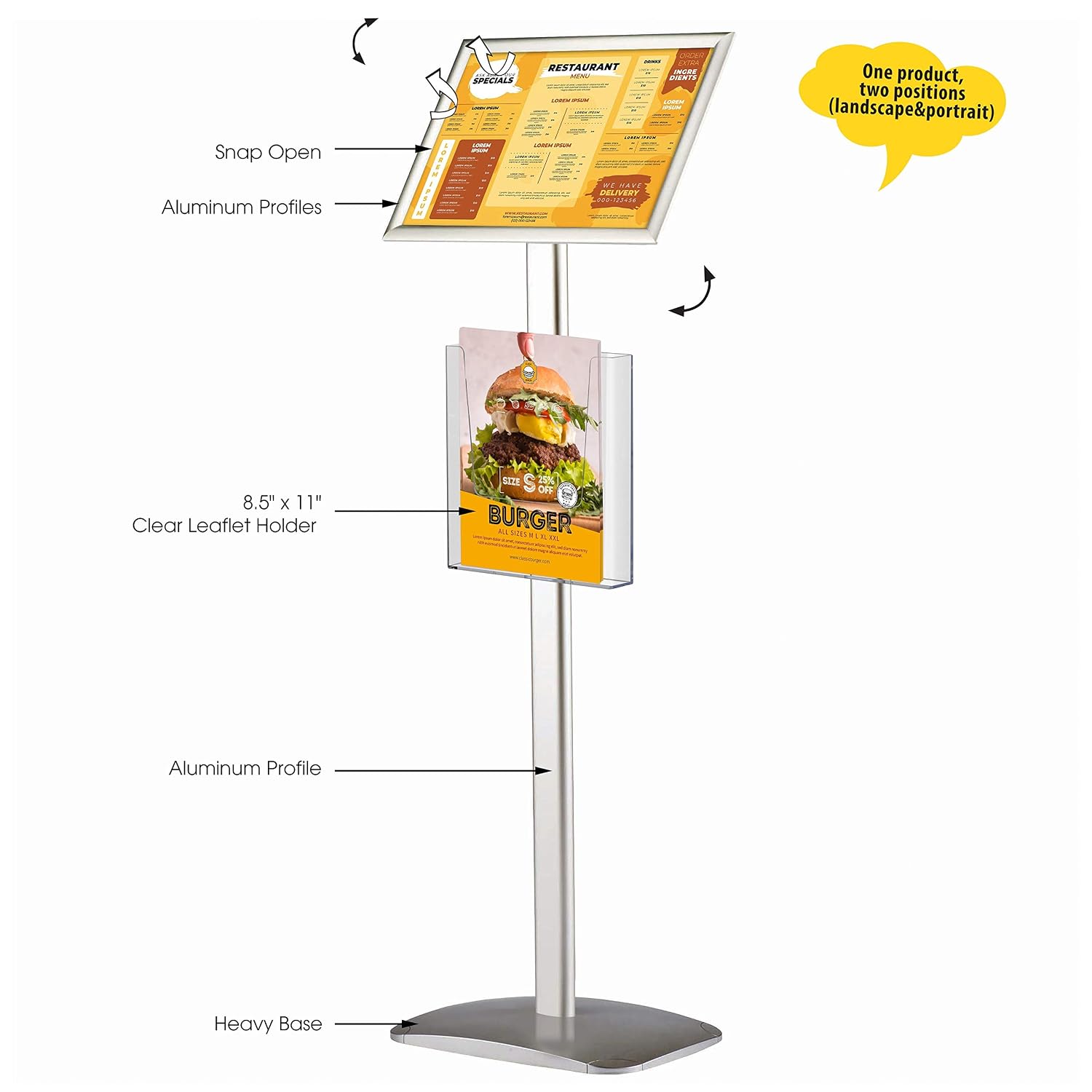 M&T Displays Decorative Sign Holder, Pedestal Sign Holder with 8.5x11 Inch Brochure Holder, Floor Standing, Aluminum, Front Loading, Easy Open, Poster, Advertisement Post... - Image 2