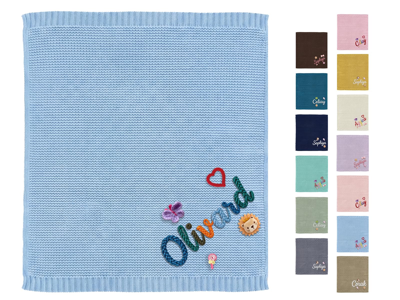 CGFN Personalised Baby Blanket with Name for Newborn Boys & Girls, Pure Knitted Cotton, Unique Christening, Soft Keepsake Blanket 100x80cm (Light Blue)