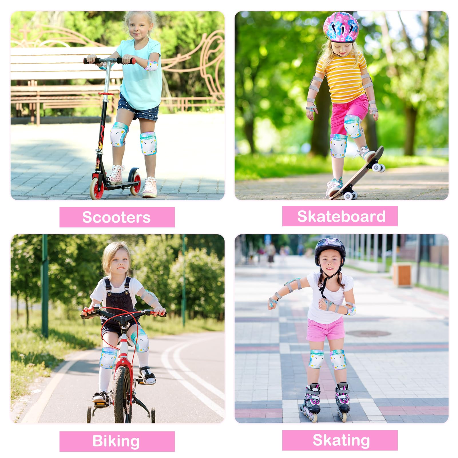 Unicorn Castle Rodilleras y Coderas de Unicornio para niños y niñas, Juego de Equipo de protección Ajustable 6 en 1 con Bolsa de cordón, 3-8 años