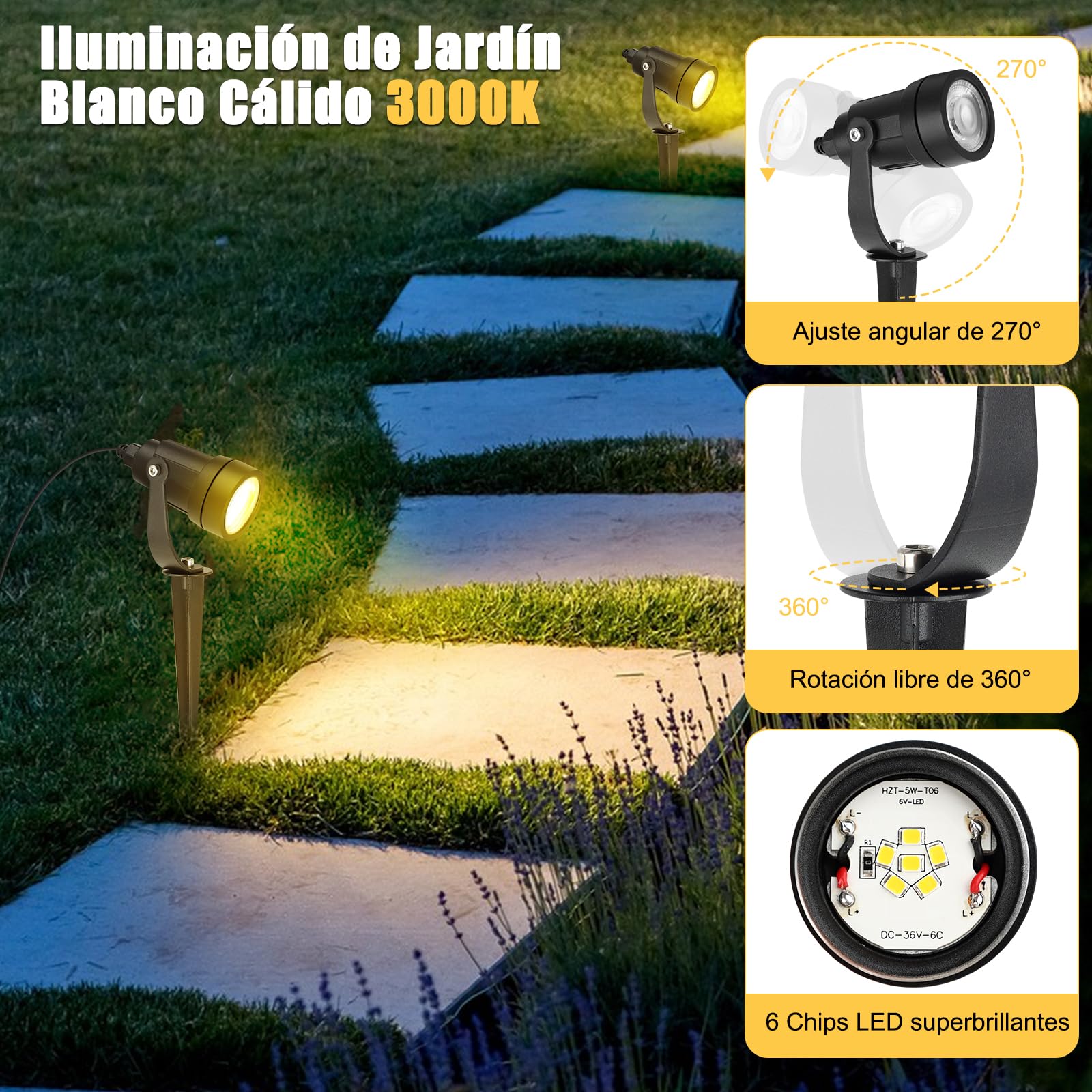 COOLWEST Luces LED Exterior Jardin con Sensor de Luz, 20M 8x5W Focos LED Exterior Blanco Cálido 3000K Impermeable IP65, 36V Lámpara de Jardín con Temporizador para Patios, Entrada de Vehículos