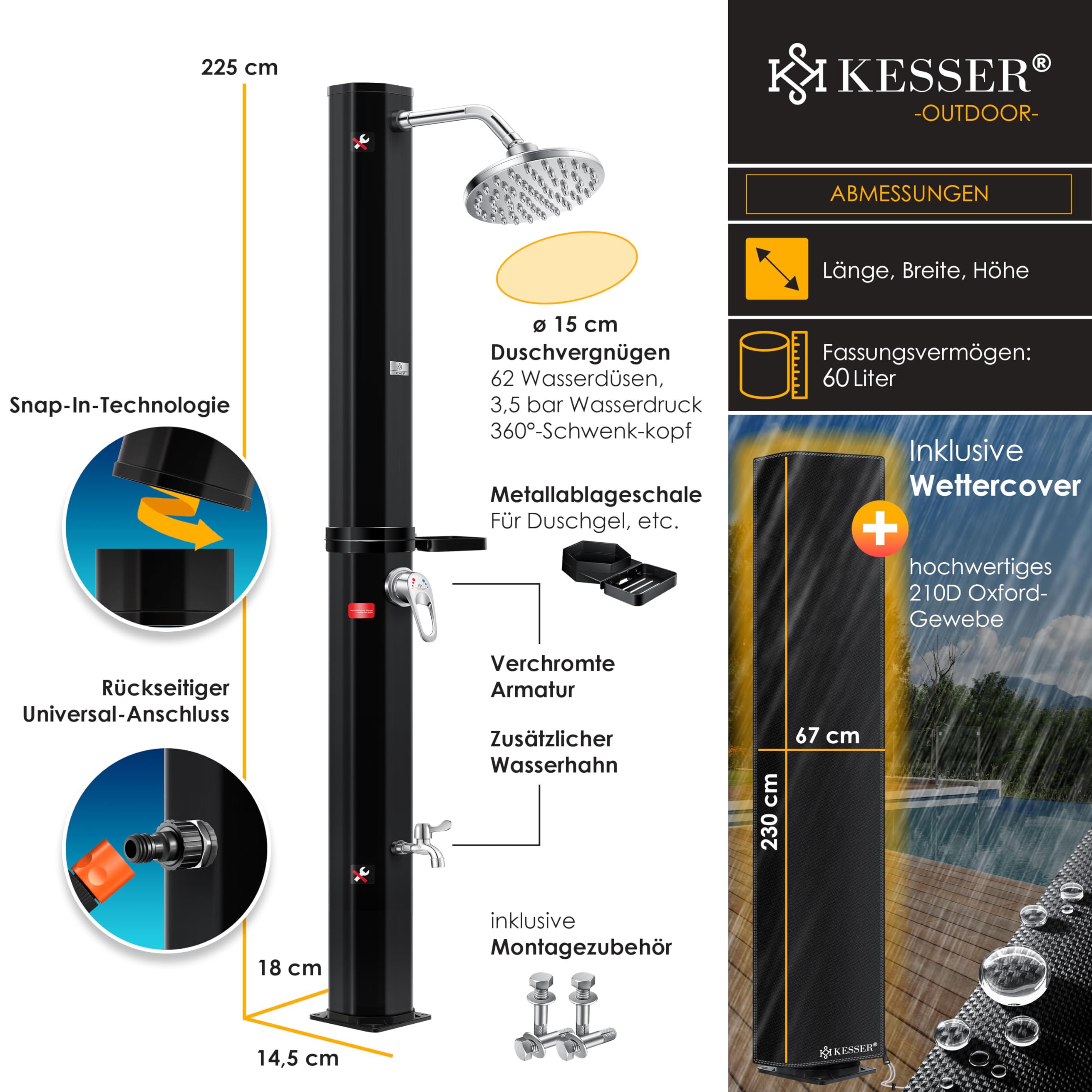 KESSER® Solardusche 60L Gartendusche, Solar Dusche für Garten & Pool mit warmem Wasser, Pooldusche ohne Strom, Regenduschkopf & Wasserhahn mit Gartenschlauch-Anschluss + Ablage, Schutzhaube