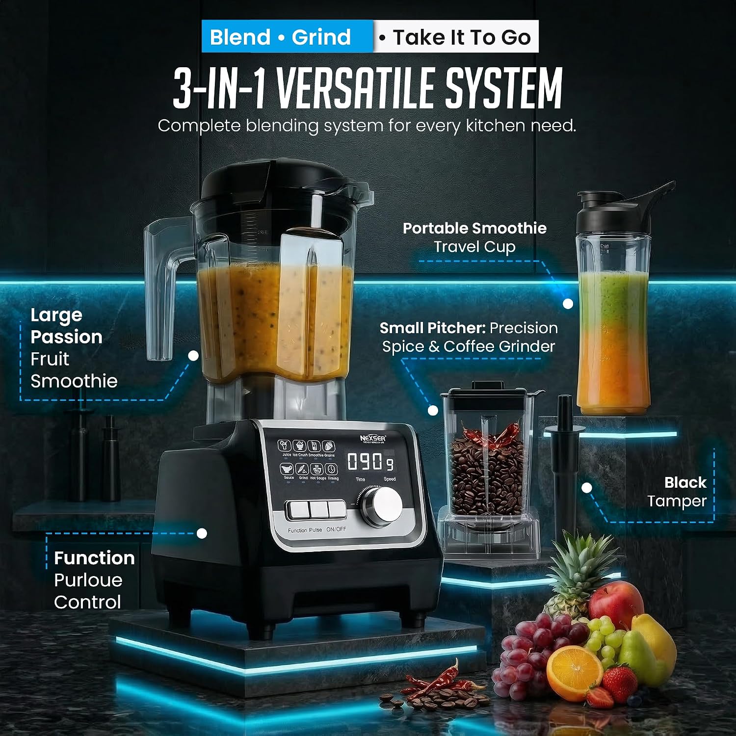 Professional Countertop Blender, 1800W Peak High-Speed Blender with 68 Oz Pitcher, Grinder & To-Go Cup, Variable Speed Control, Ice Crushing, Smoothies, Frozen Drinks, Nut Butter, Hot Soup