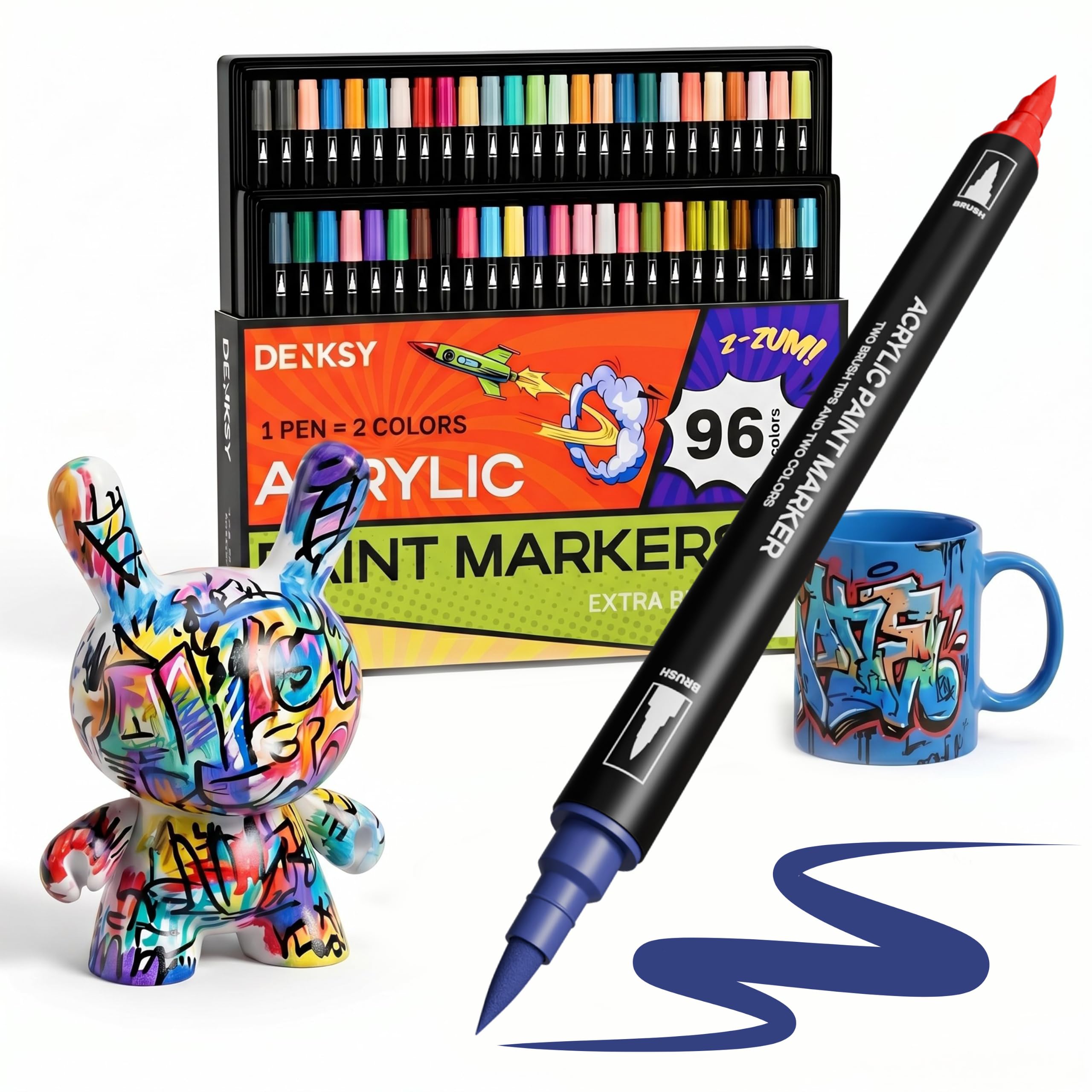 DENKSY 96 Dual Tip Acrylic Paint Markers Set | Colored Markers with Brush Tip | Art Markers for Adults | Acrylic Paint Pens for Rock Painting, Canvas, Glass, Wood, Ceramic, DIY Crafts, Fabric